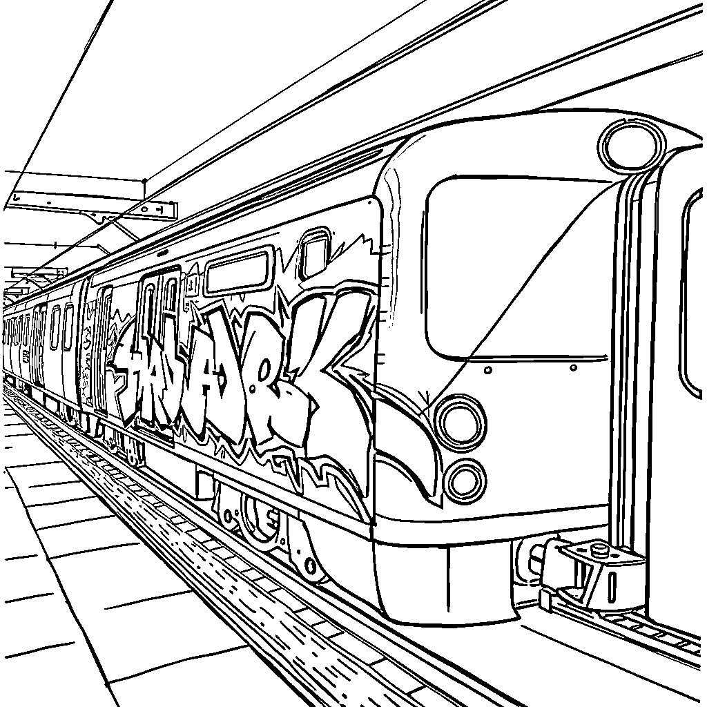 Train covered in urban graffiti on railway platform Coloring Page (free black-and-white line drawing printable PDF for all, from beginners to advanced learners, including children, teens, adults, and seniors)