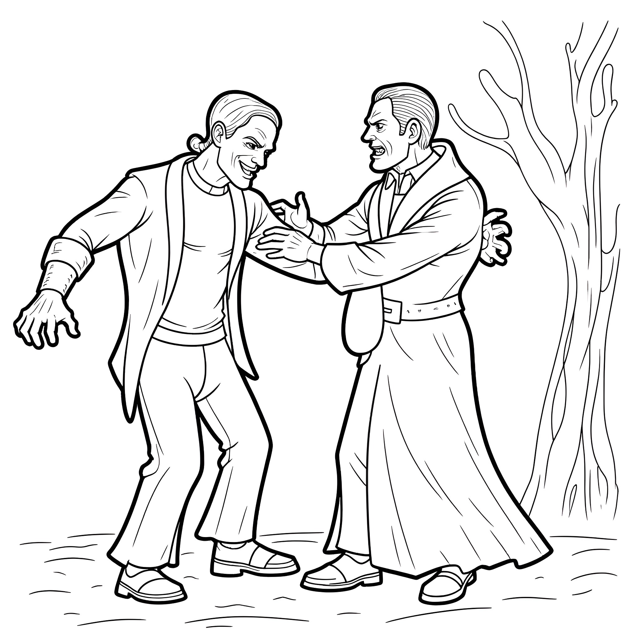 Frankenstein's Monster Encountering His Creator Coloring Page (free black-and-white line drawing printable PDF for all, from beginners to advanced learners, including children, teens, adults, and seniors)
