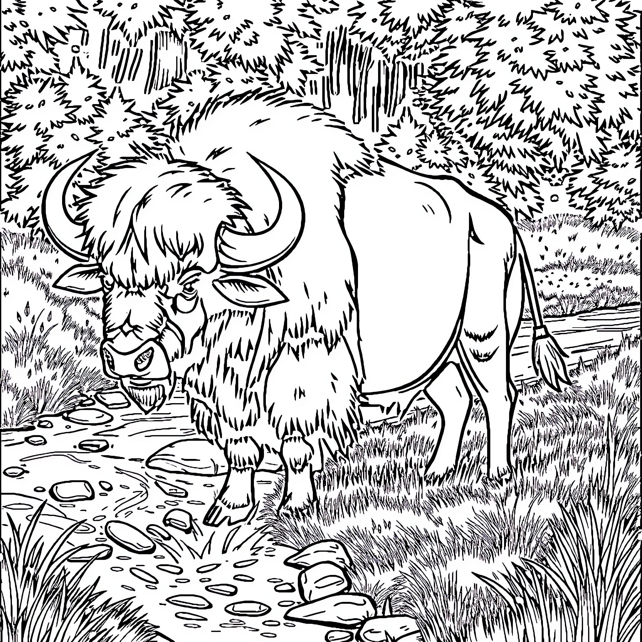 Buffalo in a serene forest environment Coloring Page (free black-and-white line drawing printable PDF for all, from beginners to advanced learners, including children, teens, adults, and seniors)