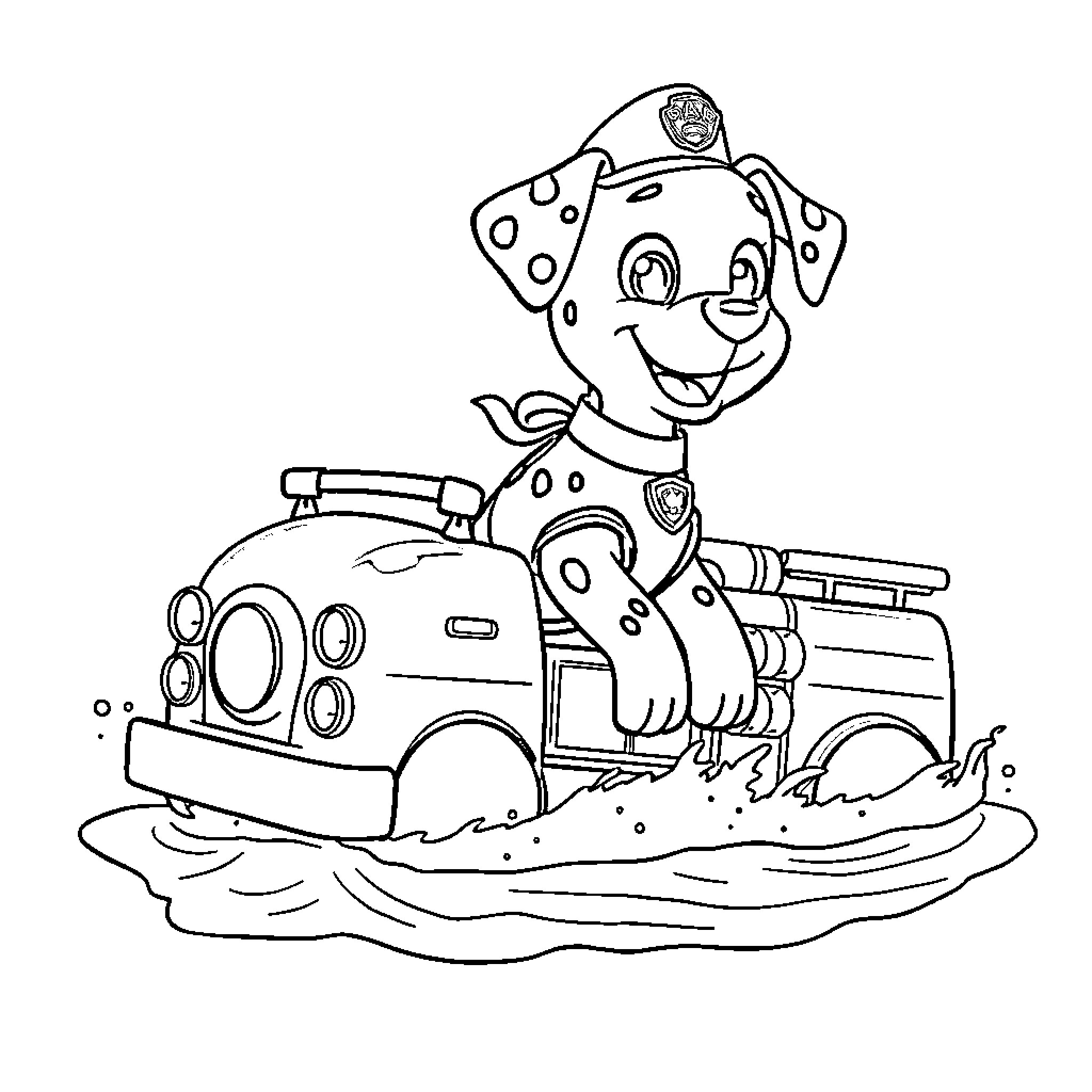 Marshall on Fire Rescue Mission Coloring Page (free black-and-white line drawing printable PDF for all, from beginners to advanced learners, including children, teens, adults, and seniors)