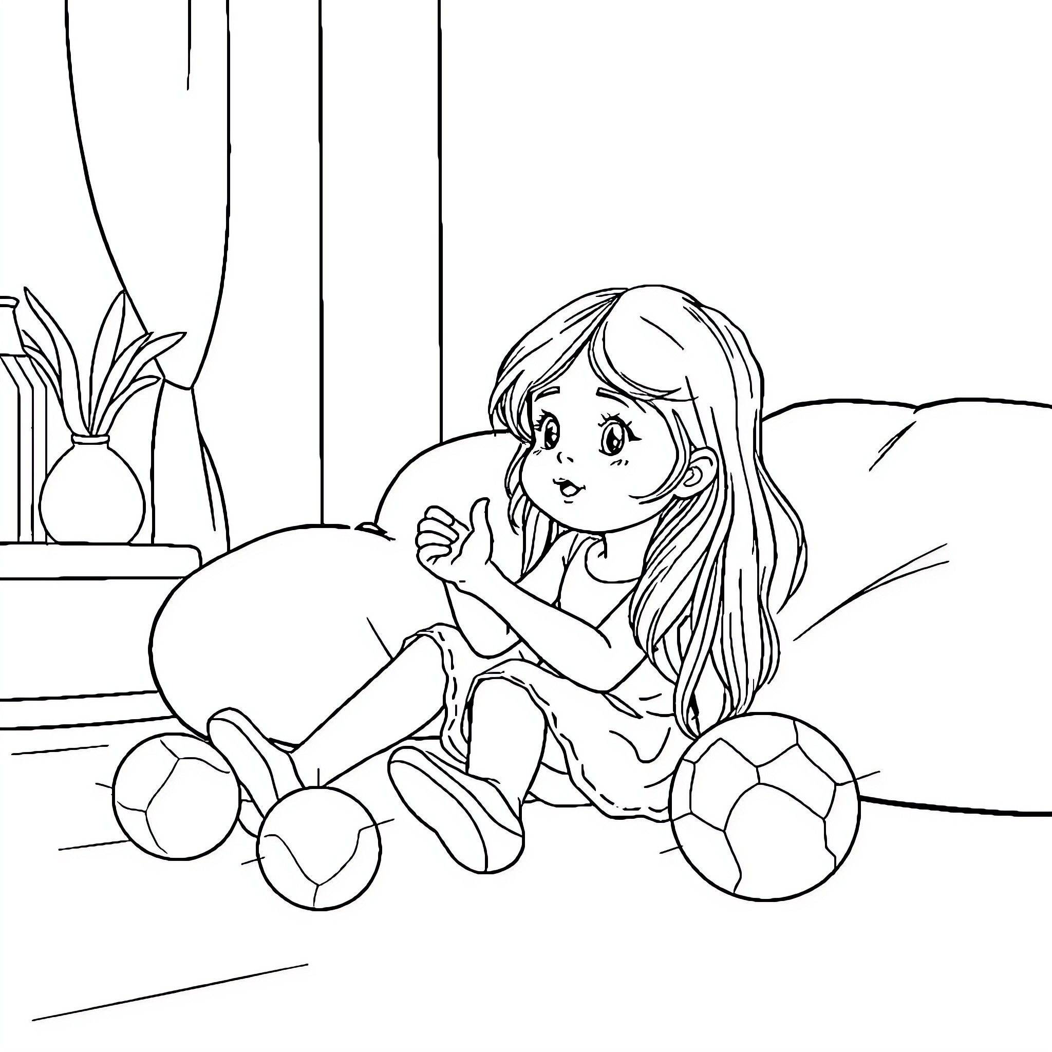 Nina playing with toys in her room Coloring Page (free black-and-white line drawing printable PDF for all, from beginners to advanced learners, including children, teens, adults, and seniors)