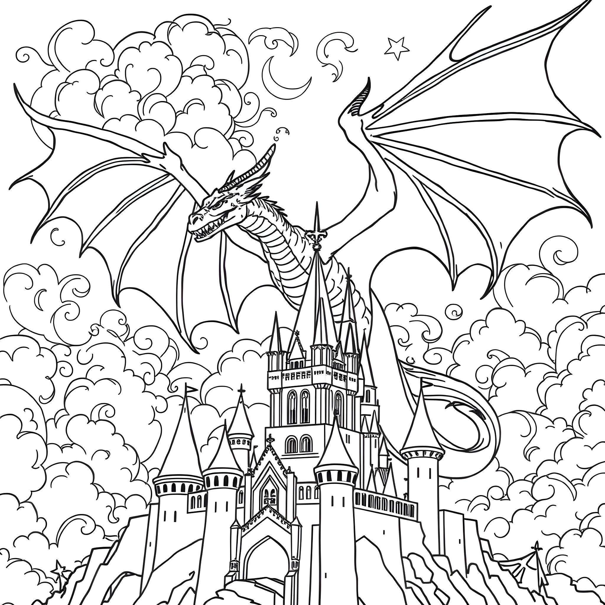 Dragon soaring above enchanted castle in the clouds Coloring Page (free black-and-white line drawing printable PDF for all, from beginners to advanced learners, including children, teens, adults, and seniors)