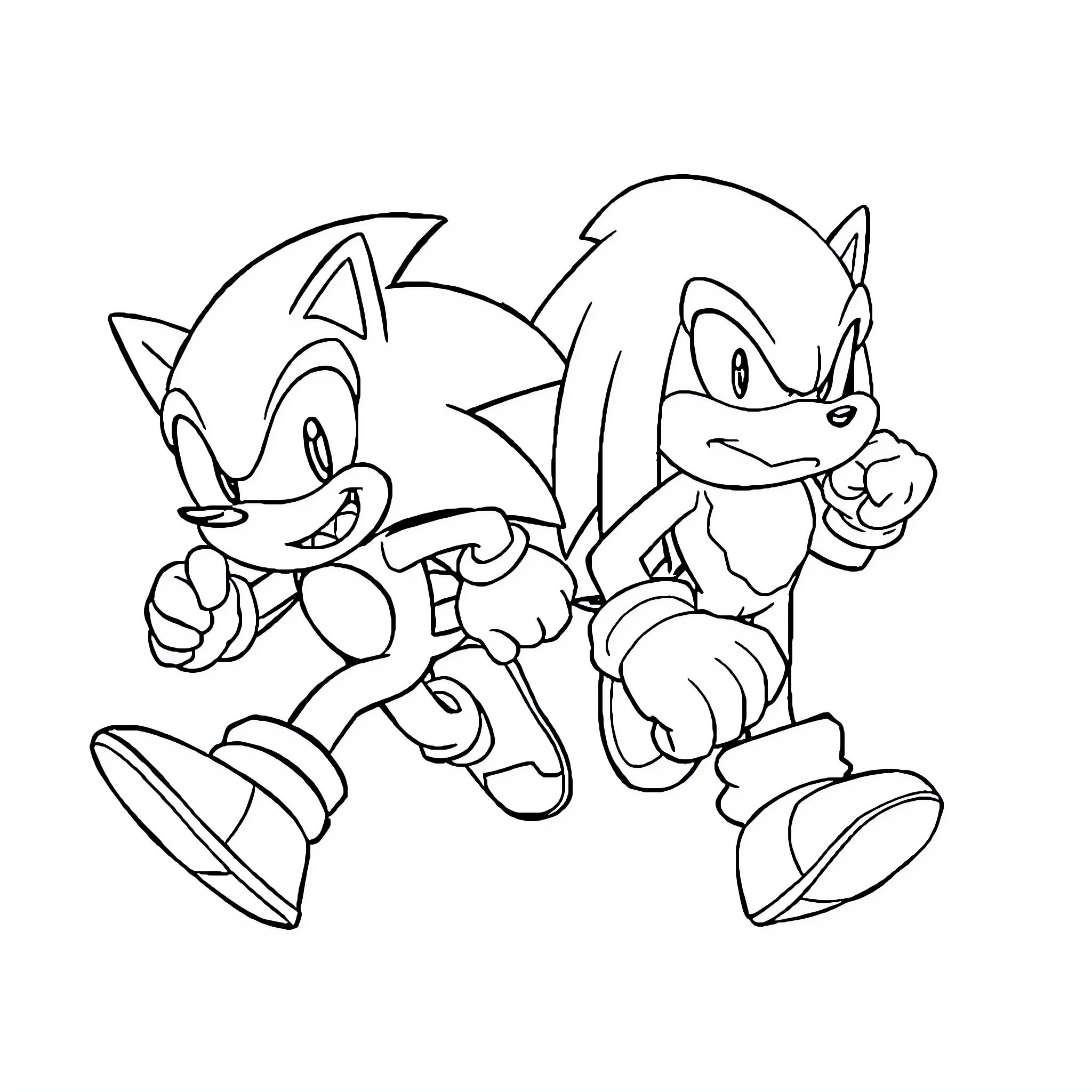 Sonic characters running and jumping playfully Coloring Page (free black-and-white line drawing printable PDF for all, from beginners to advanced learners, including children, teens, adults, and seniors)