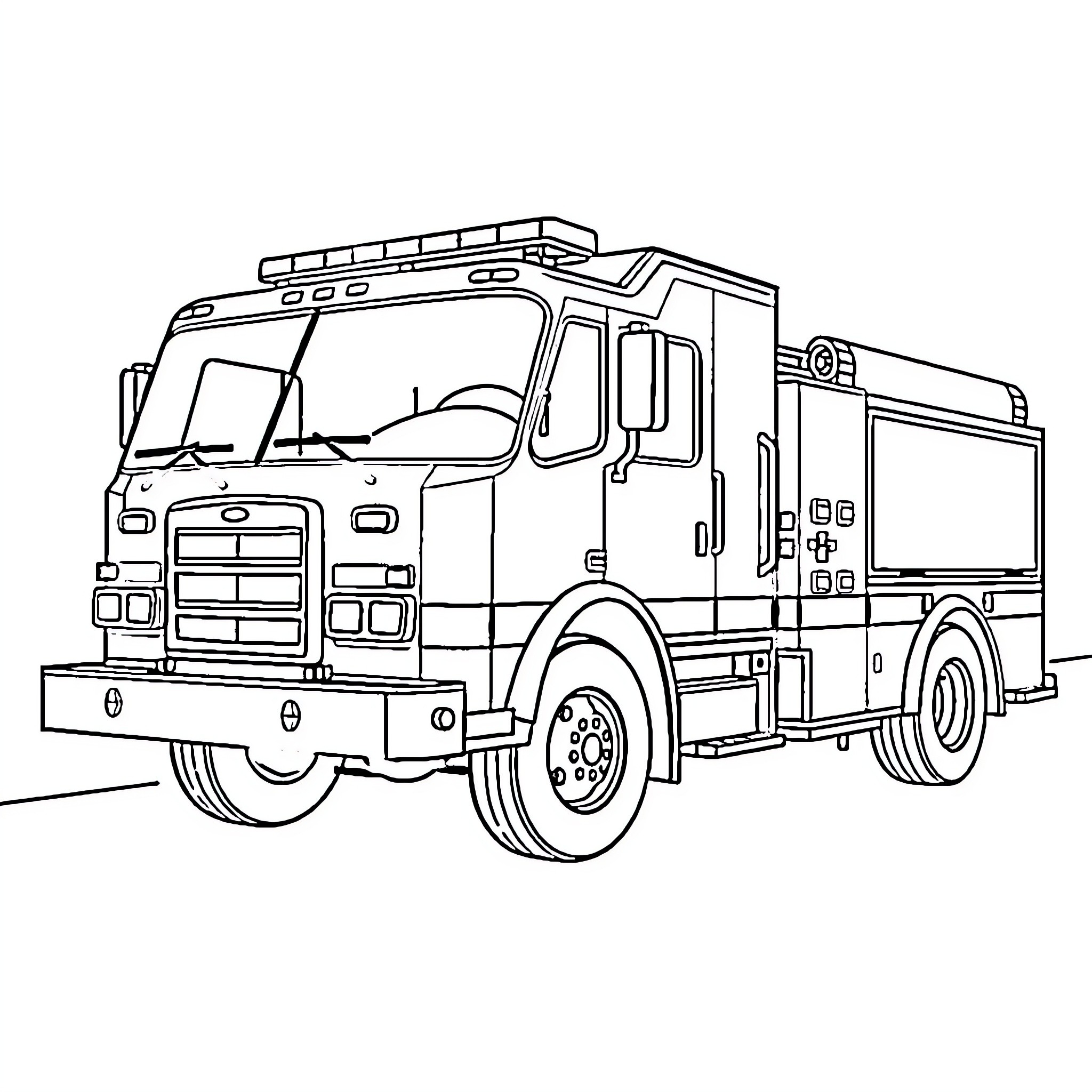 Firetruck rushing to emergency with firefighters onboard Coloring Page (free black-and-white line drawing printable PDF for all, from beginners to advanced learners, including children, teens, adults, and seniors)