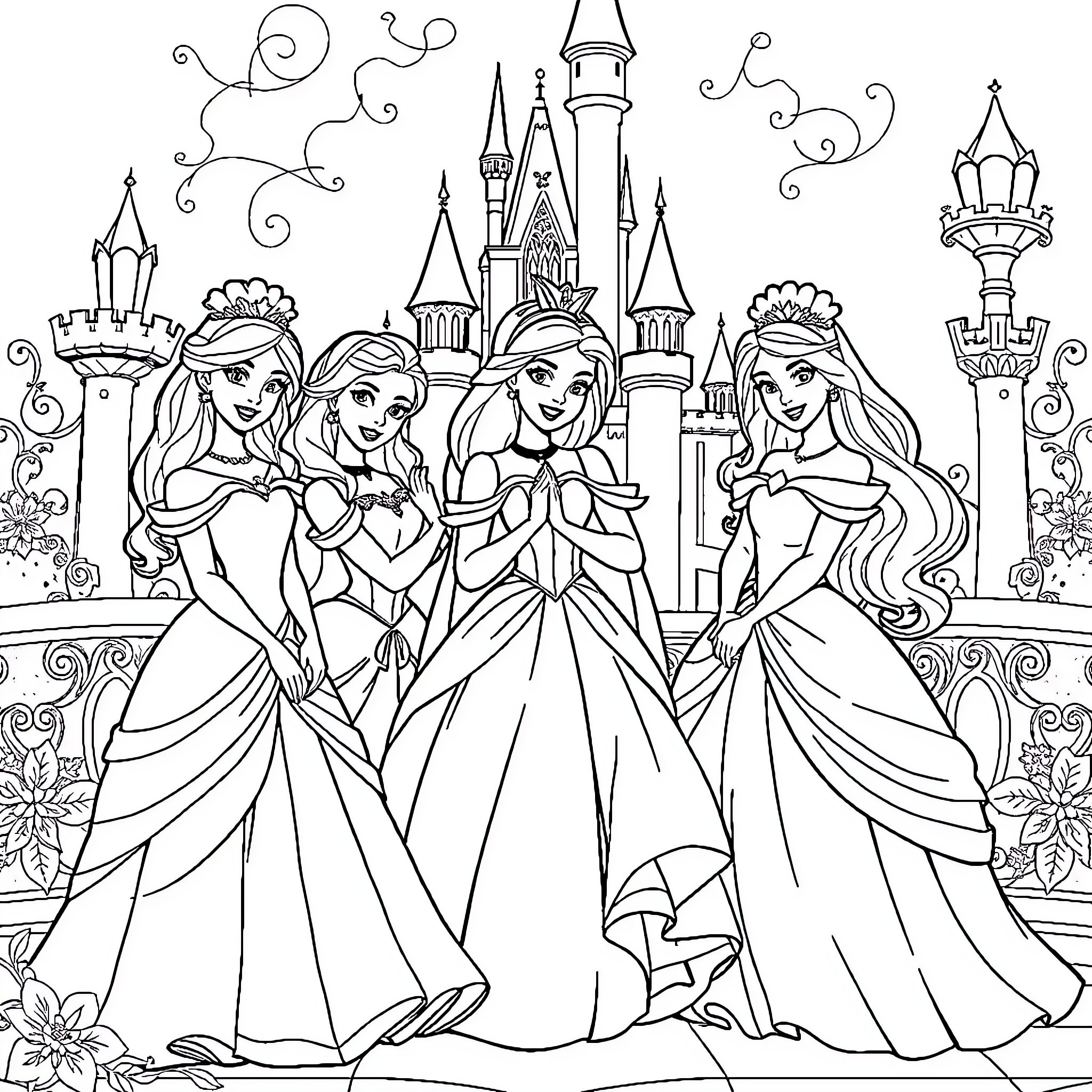 Princess Princesses Gathering in a Magical Castle Coloring Page (free black-and-white line drawing printable PDF for all, from beginners to advanced learners, including children, teens, adults, and seniors)