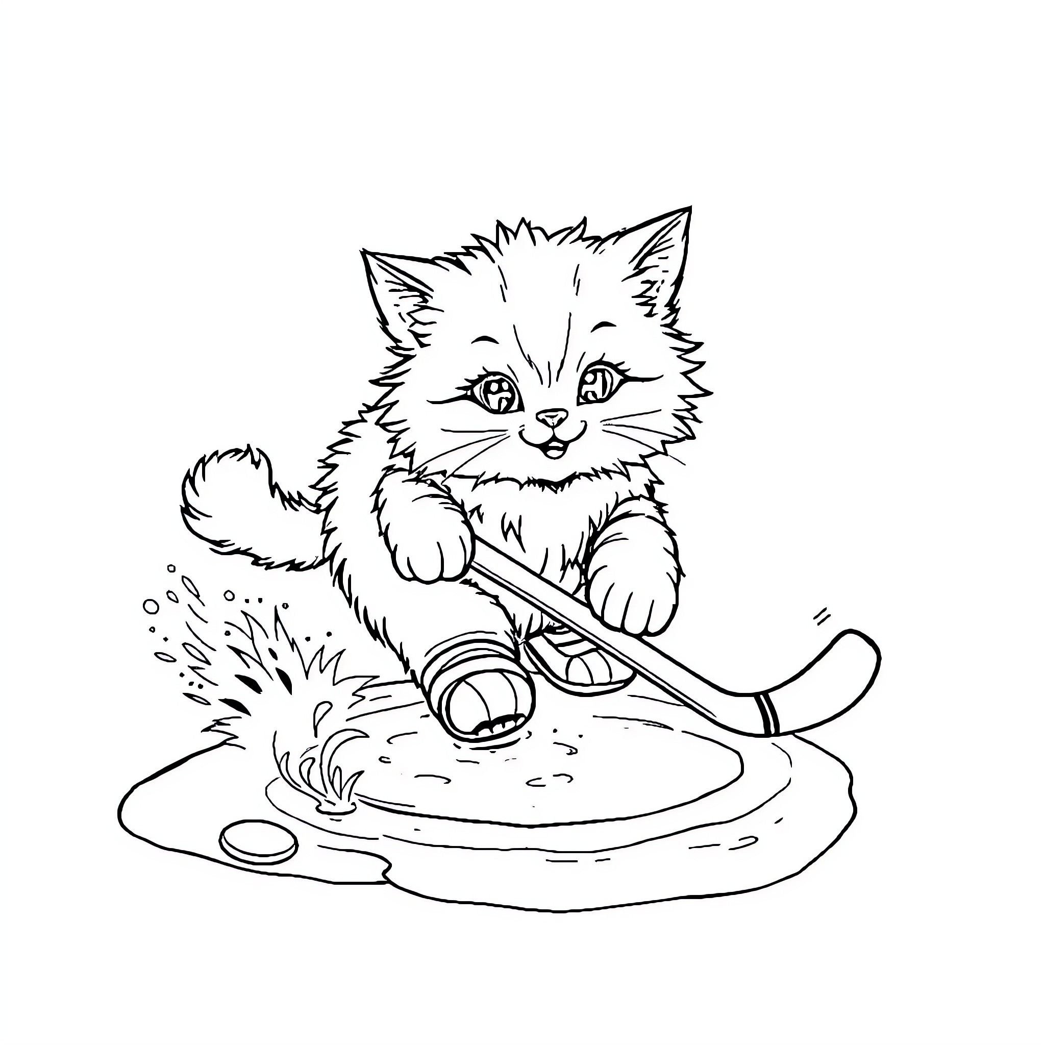 Cat playing with a garden hose Coloring Page (free black-and-white line drawing printable PDF for all, from beginners to advanced learners, including children, teens, adults, and seniors)