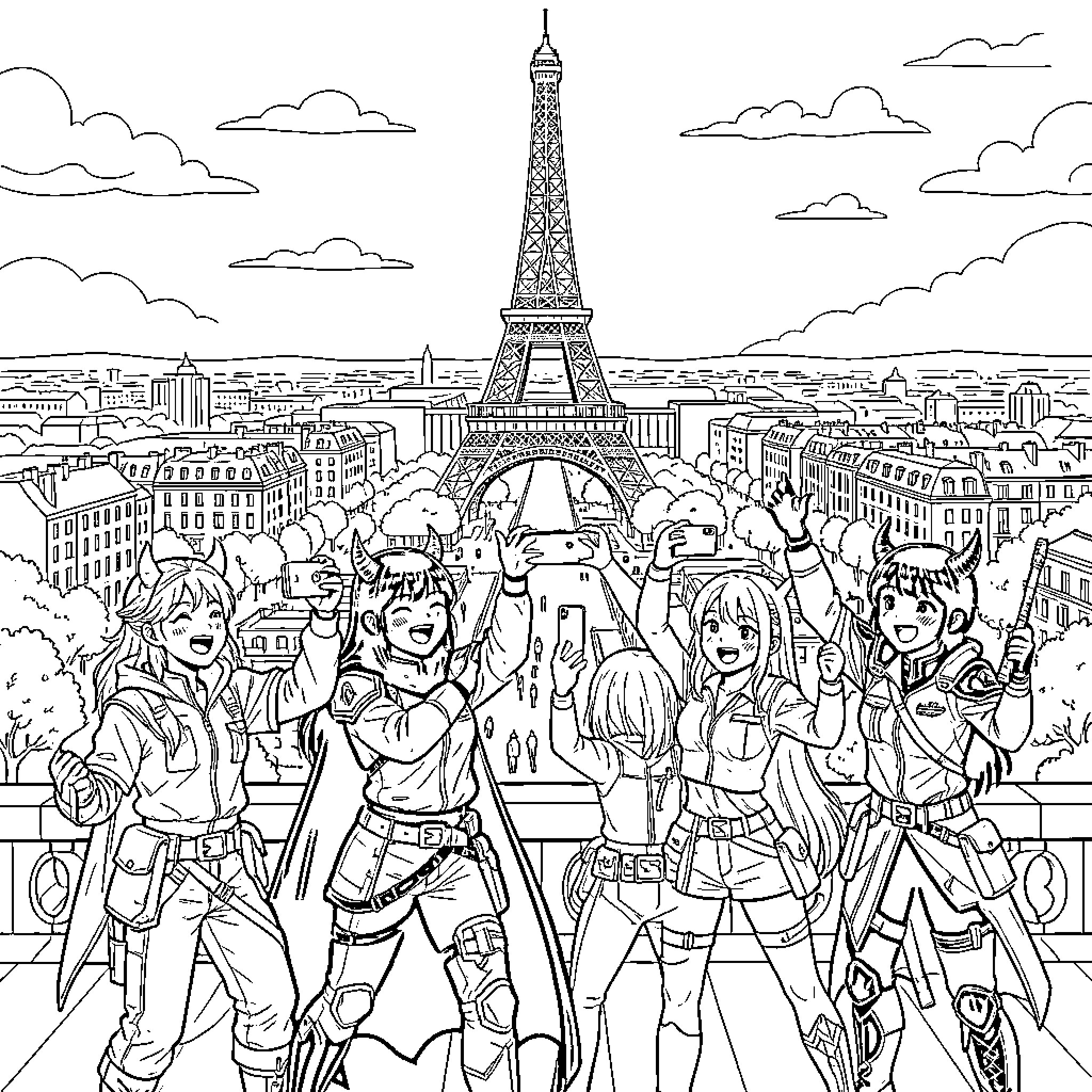 Demon girls celebrating together in front of the Eiffel Tower Coloring Page (free black-and-white line drawing printable PDF for all, from beginners to advanced learners, including children, teens, adults, and seniors)