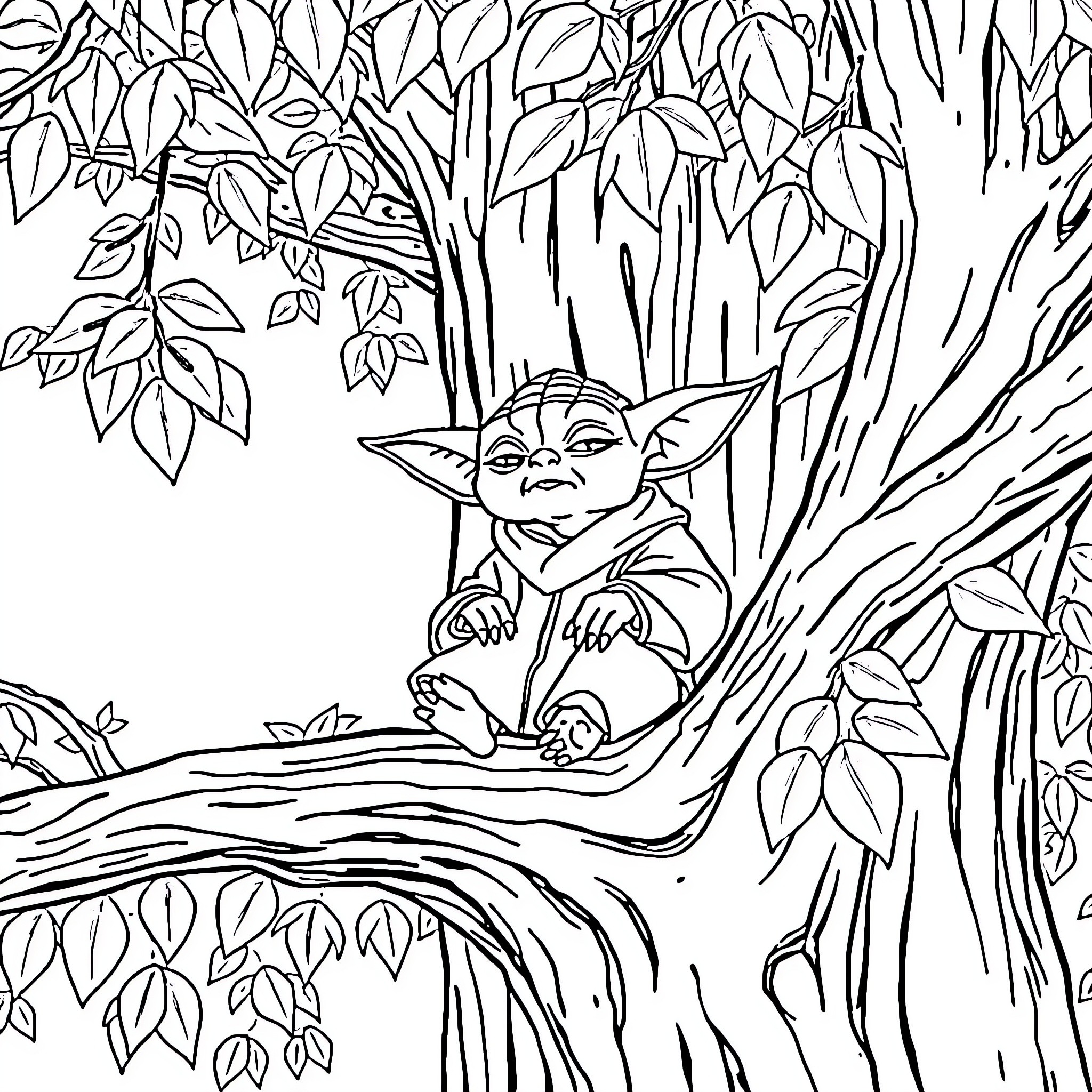 Yoda exploring the enchanted forest Coloring Page (free black-and-white line drawing printable PDF for all, from beginners to advanced learners, including children, teens, adults, and seniors)