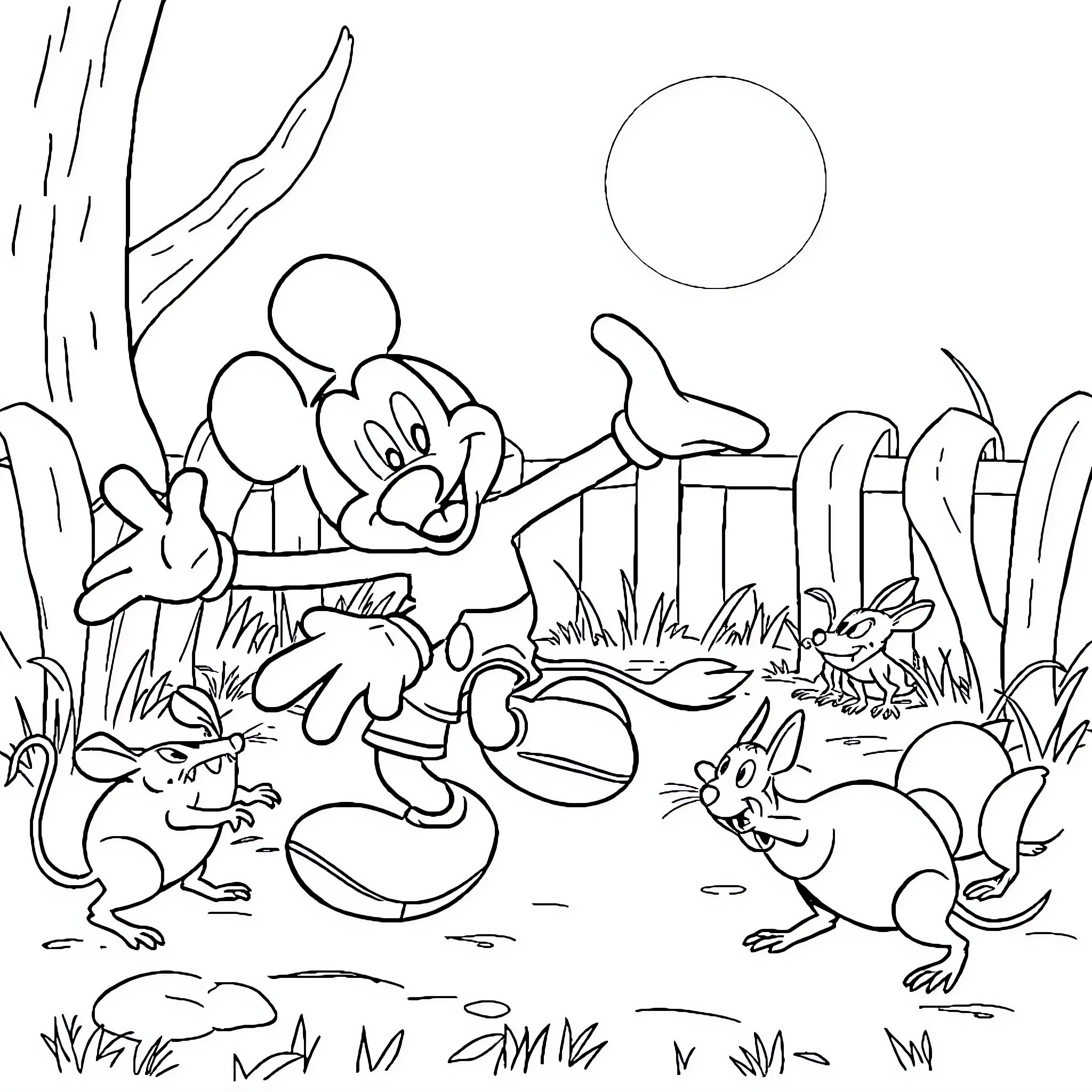 Mickey Mouse and friends explore the wilderness Coloring Page (free black-and-white line drawing printable PDF for all, from beginners to advanced learners, including children, teens, adults, and seniors)