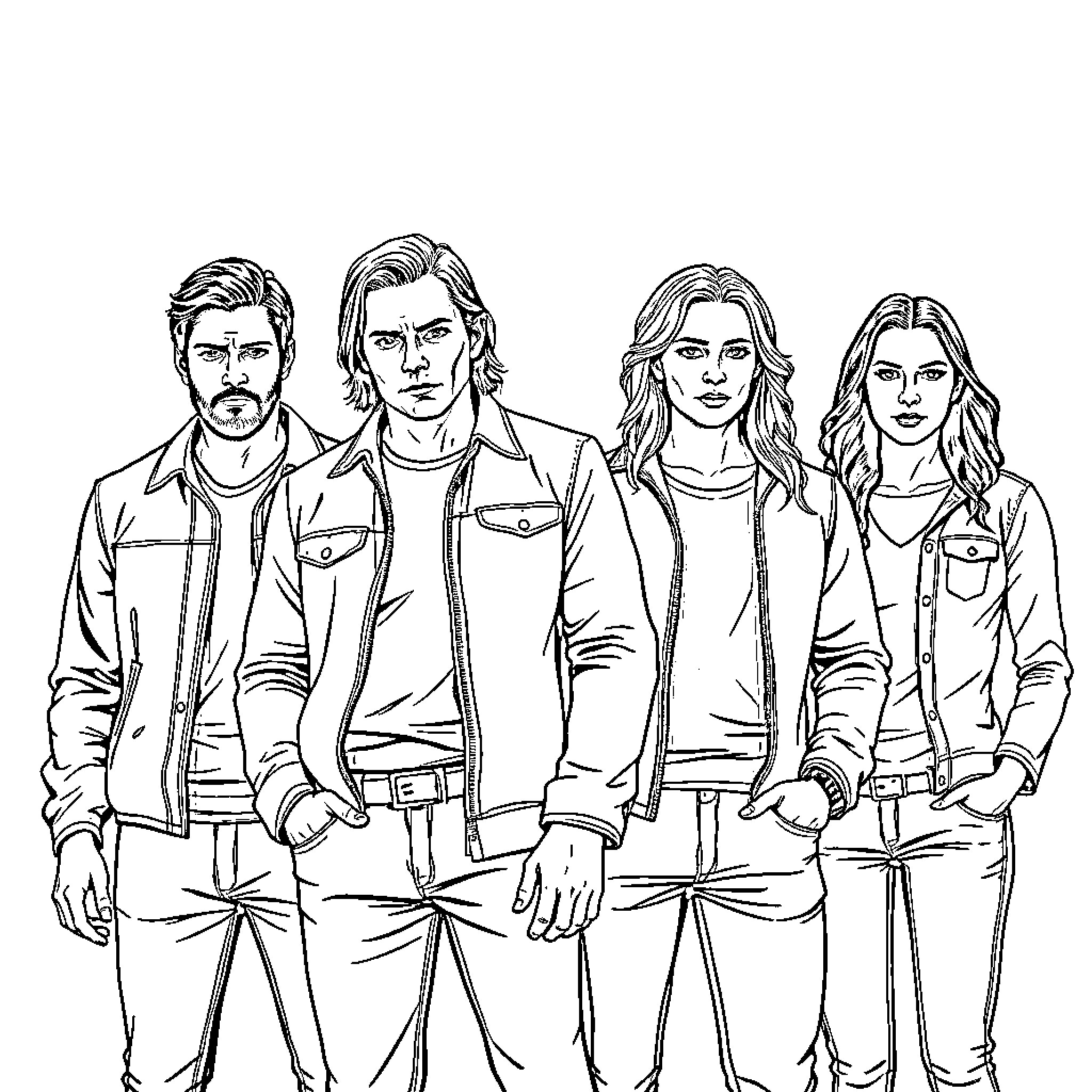 Supernatural quartet in casual attire Coloring Page (free black-and-white line drawing printable PDF for all, from beginners to advanced learners, including children, teens, adults, and seniors)