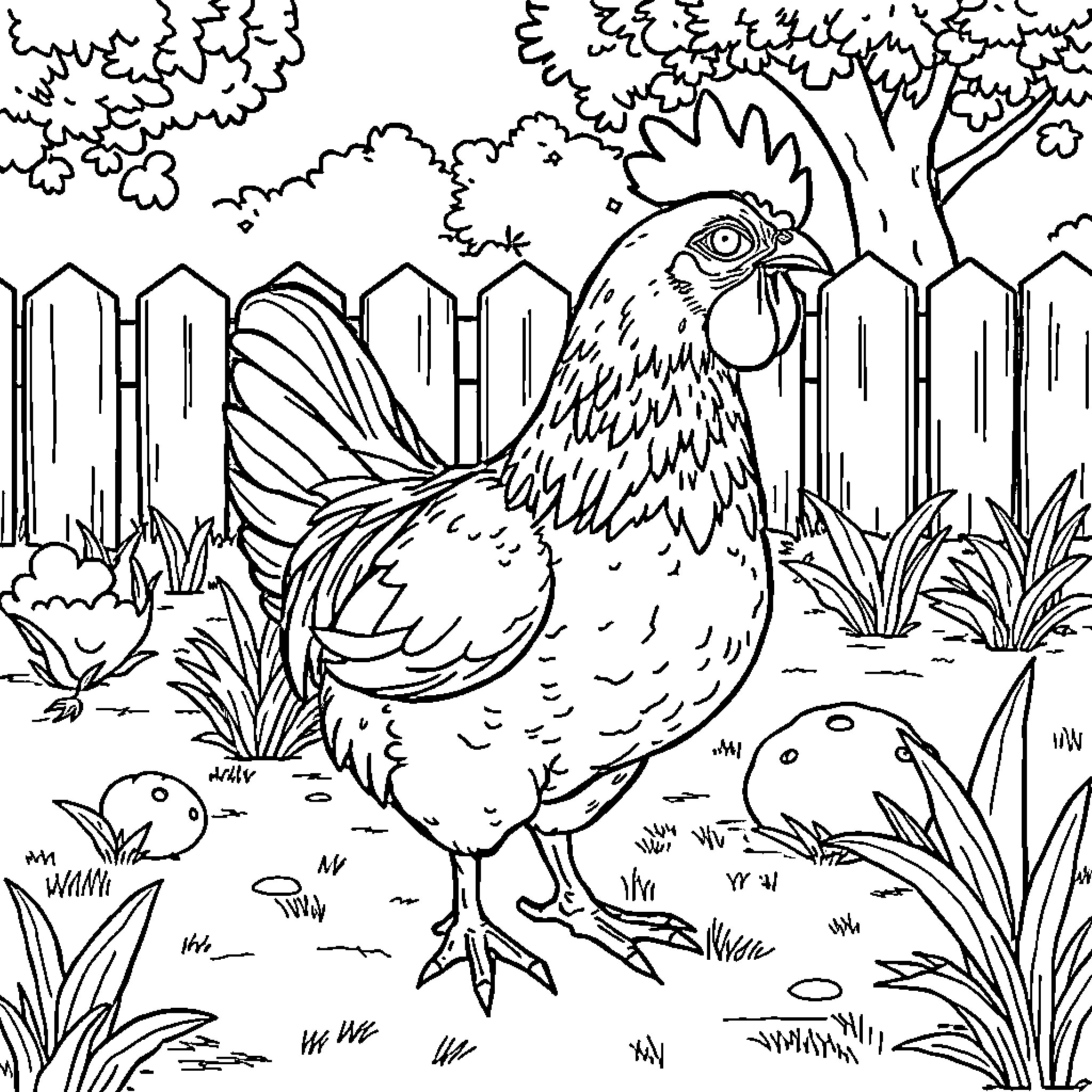 Hen exploring rural landscape with fence and plants Coloring Page (free black-and-white line drawing printable PDF for all, from beginners to advanced learners, including children, teens, adults, and seniors)