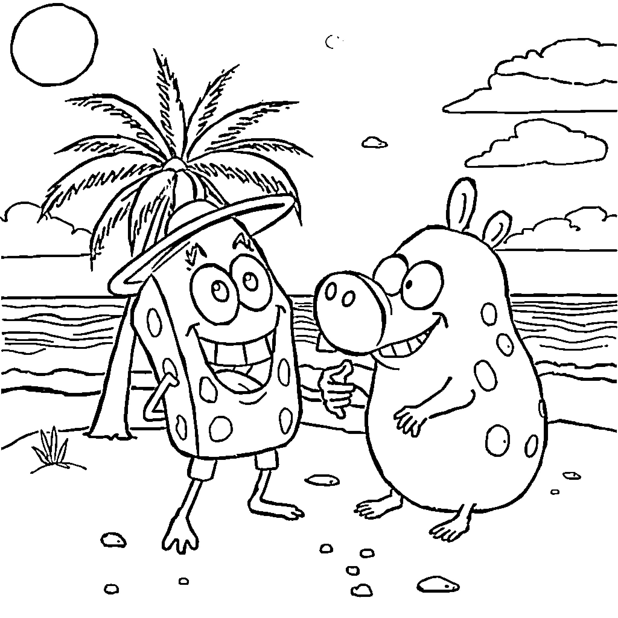 Bob esponja and friends on a tropical beach Coloring Page (free black-and-white line drawing printable PDF for all, from beginners to advanced learners, including children, teens, adults, and seniors)