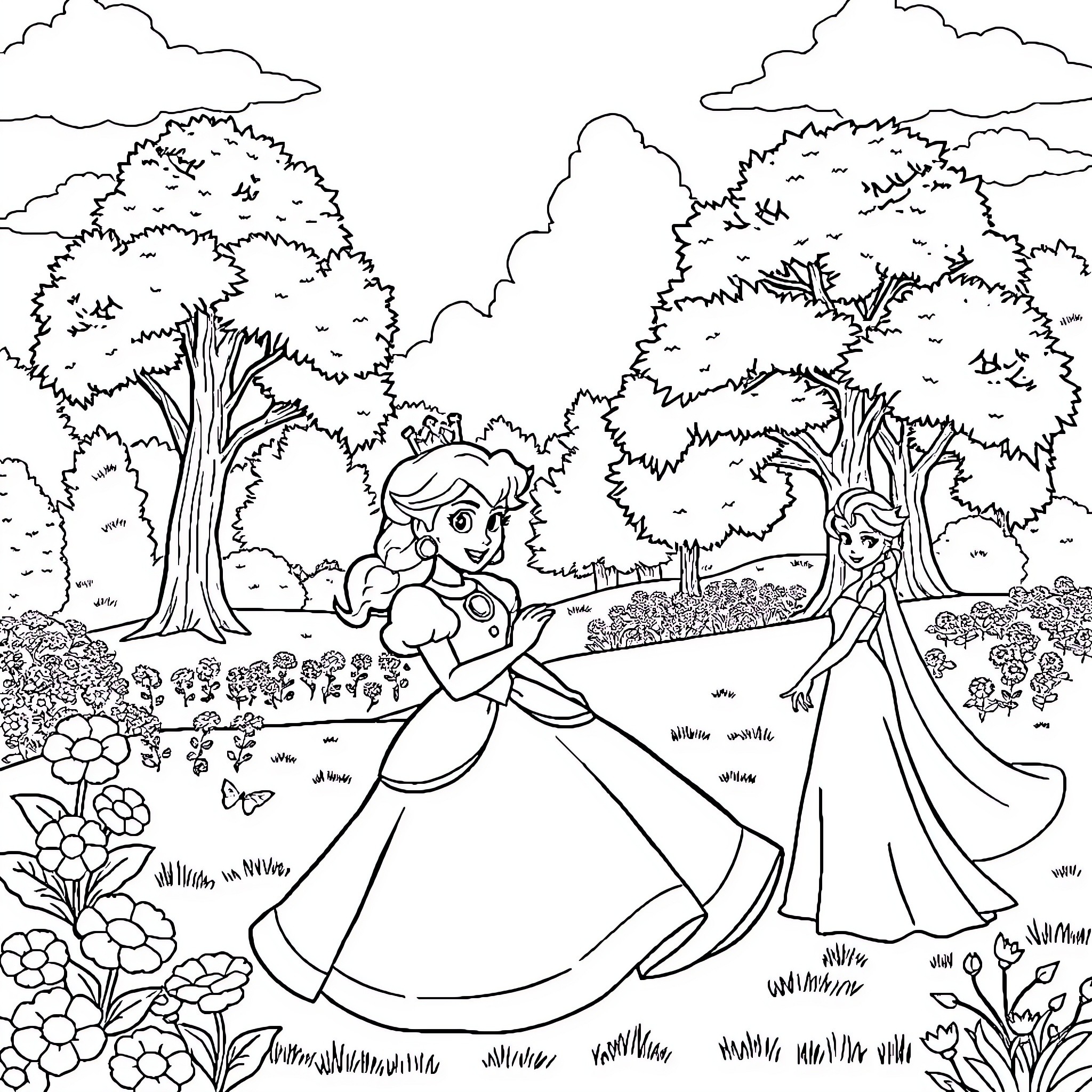 Princess dancing with her friend in the garden Coloring Page (free black-and-white line drawing printable PDF for all, from beginners to advanced learners, including children, teens, adults, and seniors)