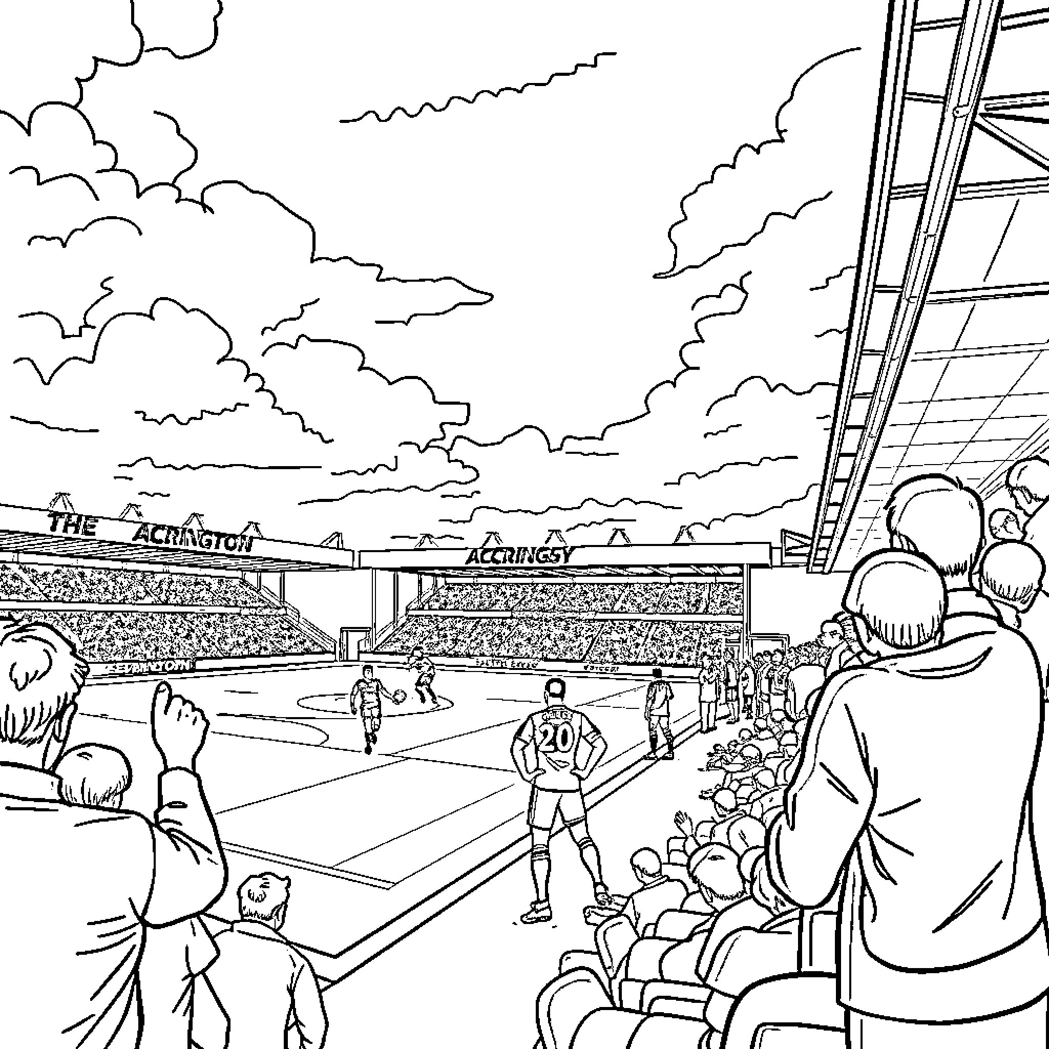 Accrington Stanley sports match in the stadium Coloring Page (free black-and-white line drawing printable PDF for all, from beginners to advanced learners, including children, teens, adults, and seniors)