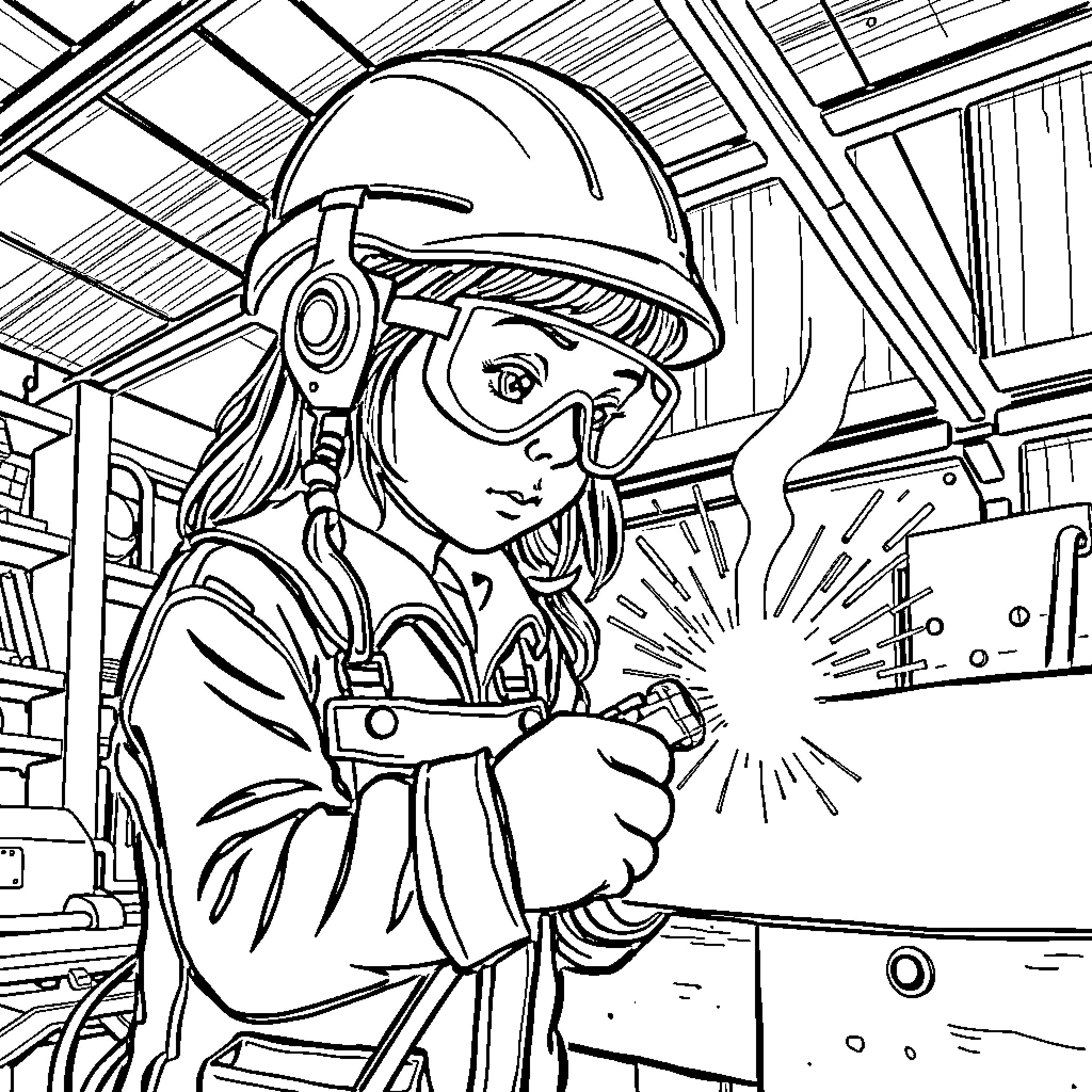 Girl working diligently with construction equipment Coloring Page (free black-and-white line drawing printable PDF for all, from beginners to advanced learners, including children, teens, adults, and seniors)