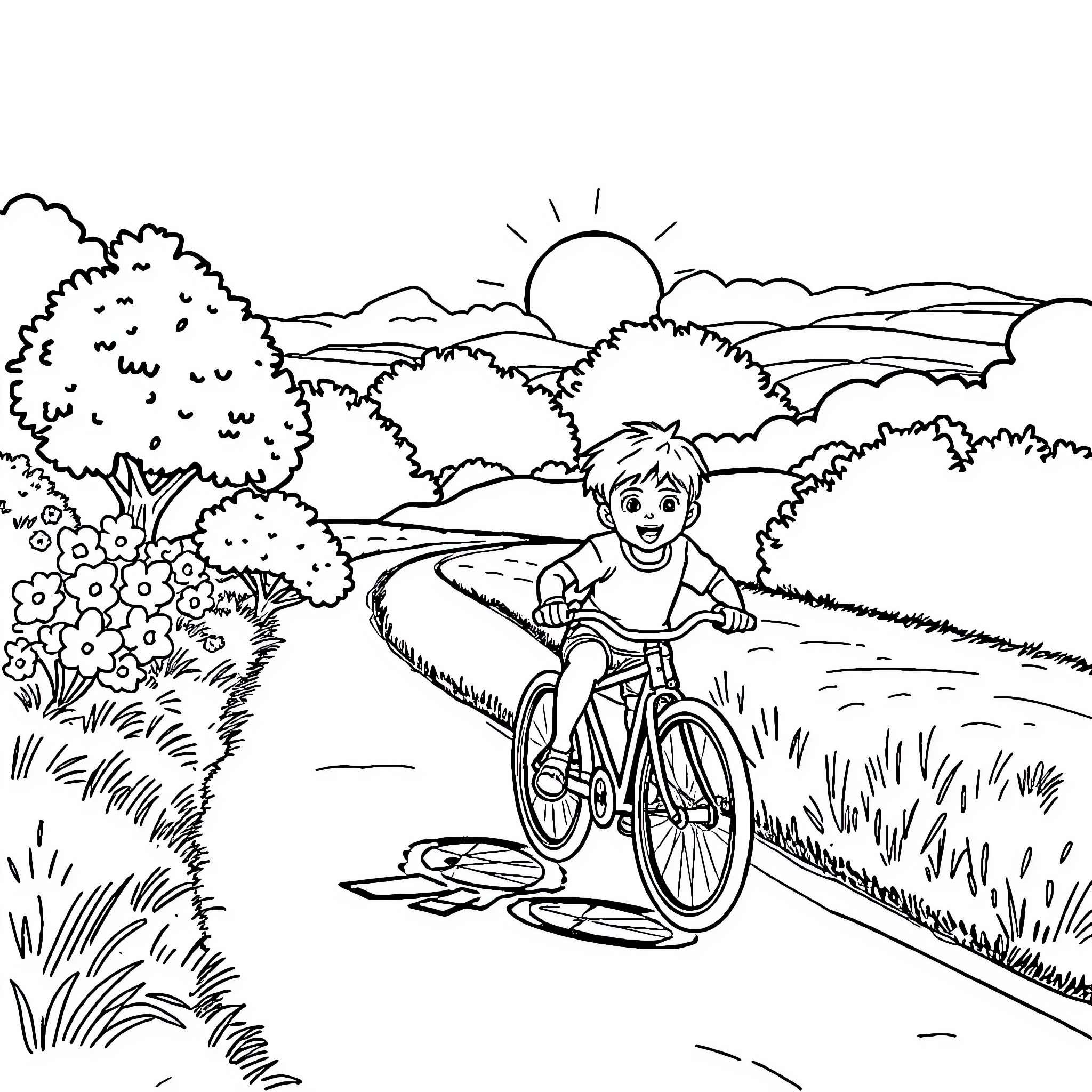 Boy riding bicycle on nature trail Coloring Page (free black-and-white line drawing printable PDF for all, from beginners to advanced learners, including children, teens, adults, and seniors)