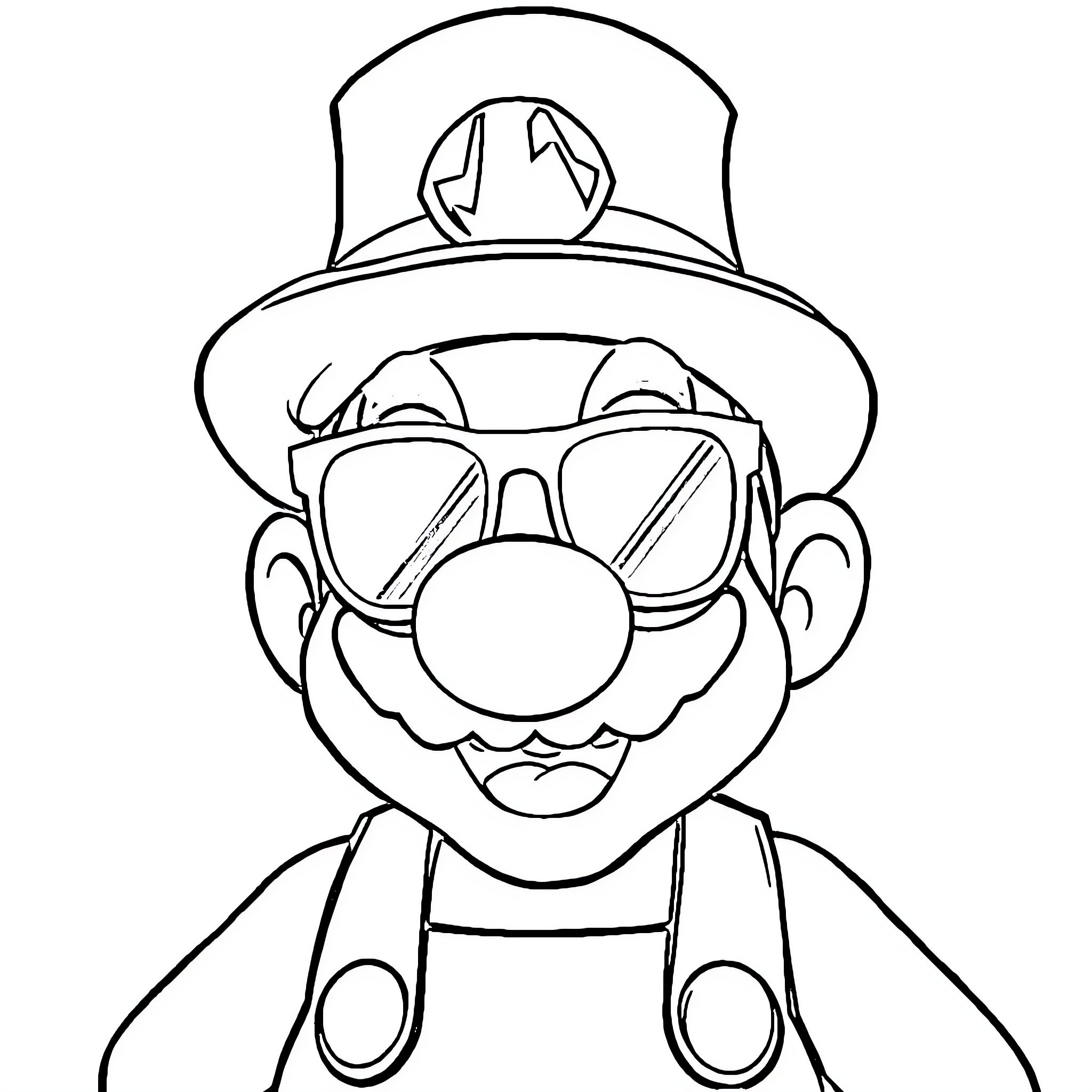 Super Mario Character Wearing Sunglasses Coloring Page (free black-and-white line drawing printable PDF for all, from beginners to advanced learners, including children, teens, adults, and seniors)