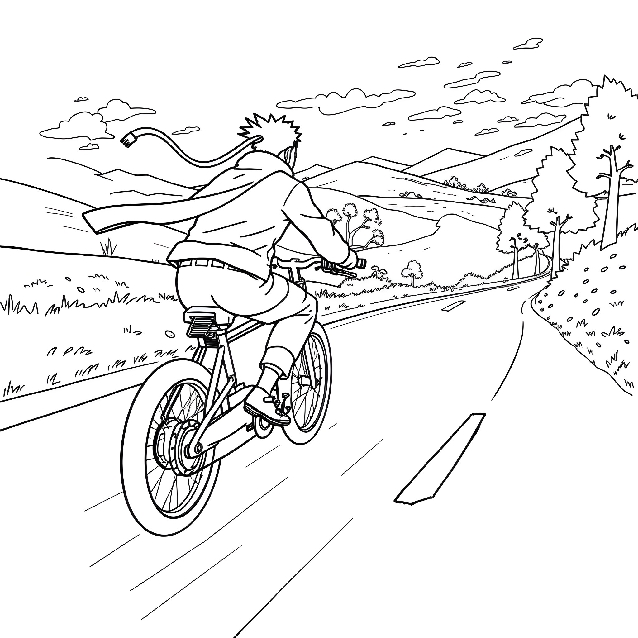 Naruto riding a bicycle through the countryside Coloring Page (free black-and-white line drawing printable PDF for all, from beginners to advanced learners, including children, teens, adults, and seniors)