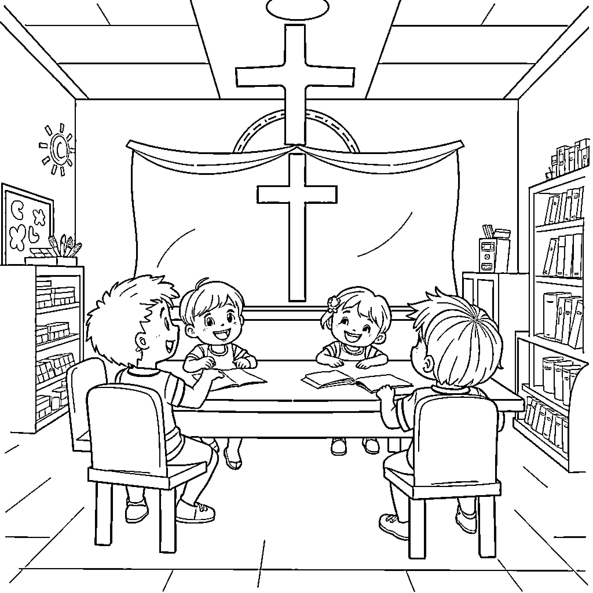 School Bible Study Group Session Coloring Page (free black-and-white line drawing printable PDF for all, from beginners to advanced learners, including children, teens, adults, and seniors)