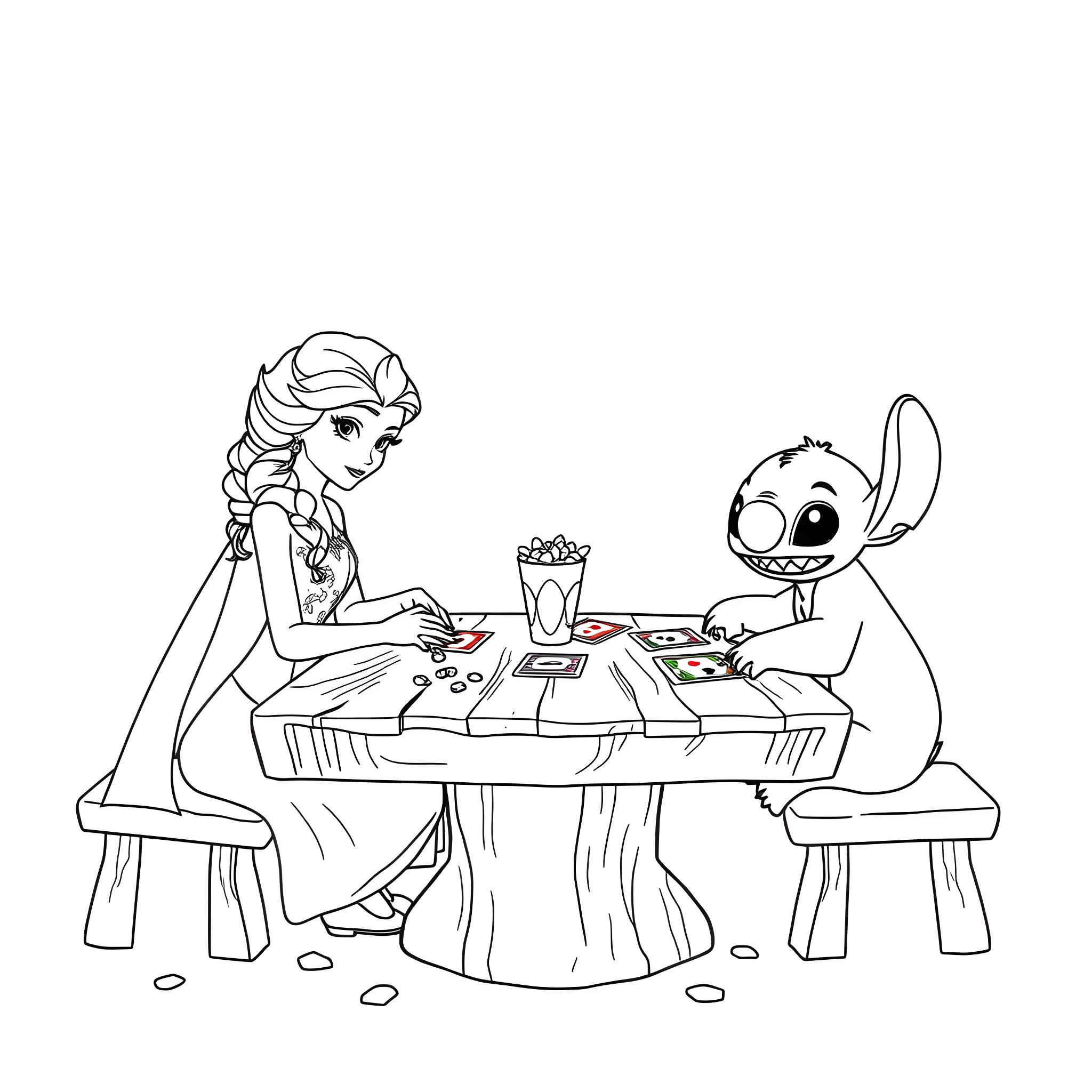 Elsa enjoying a cozy tea party with Stitch Coloring Page (free black-and-white line drawing printable PDF for all, from beginners to advanced learners, including children, teens, adults, and seniors)