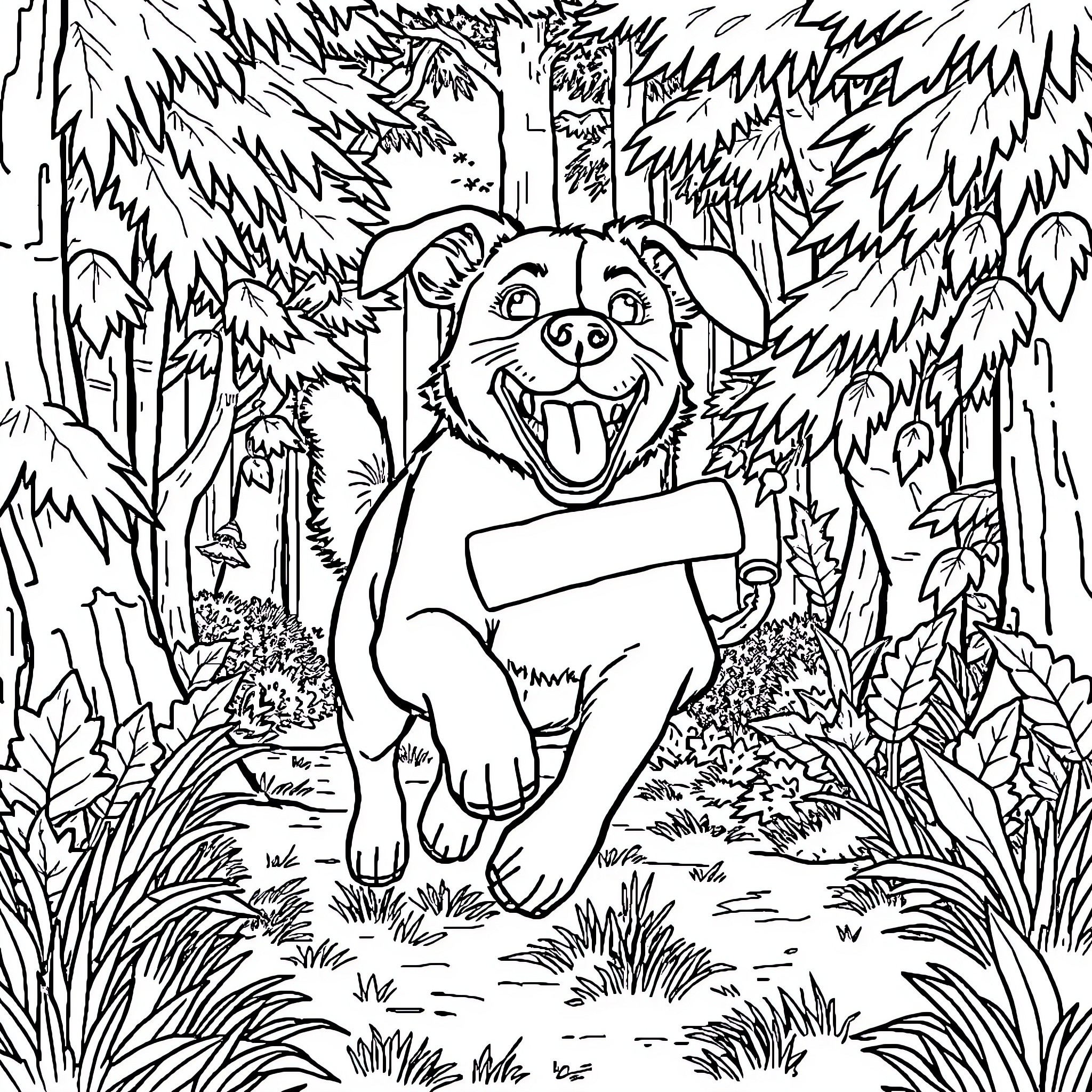 Dog Playing Happily in the Forest Coloring Page (free black-and-white line drawing printable PDF for all, from beginners to advanced learners, including children, teens, adults, and seniors)