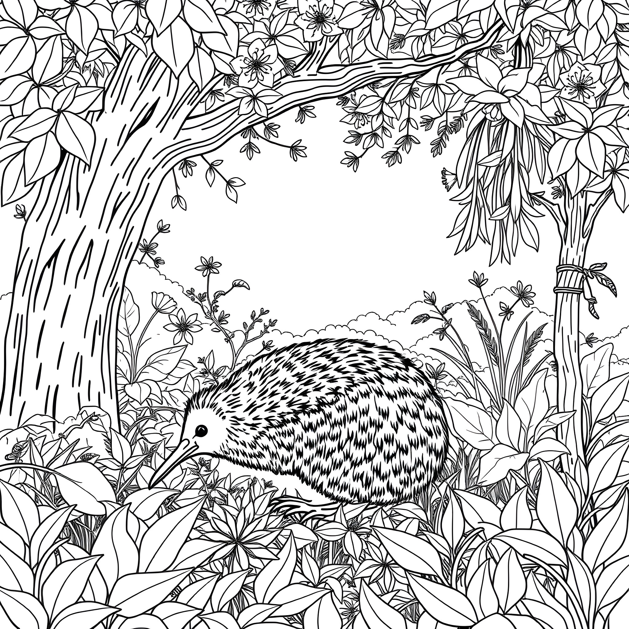 Kiwi Hedgehog Exploring Lush Floral Garden Coloring Page (free black-and-white line drawing printable PDF for all, from beginners to advanced learners, including children, teens, adults, and seniors)