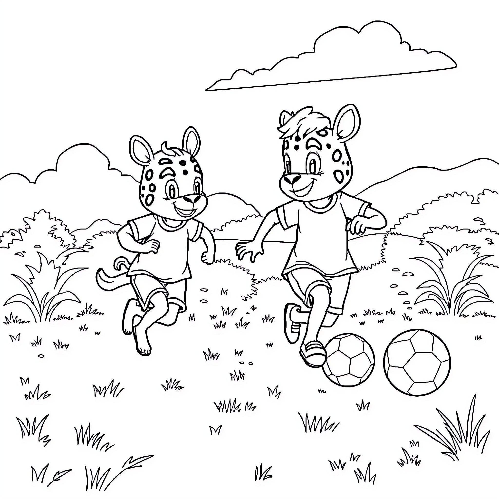 Capybara friends playing soccer in the park Coloring Page (free black-and-white line drawing printable PDF for all, from beginners to advanced learners, including children, teens, adults, and seniors)