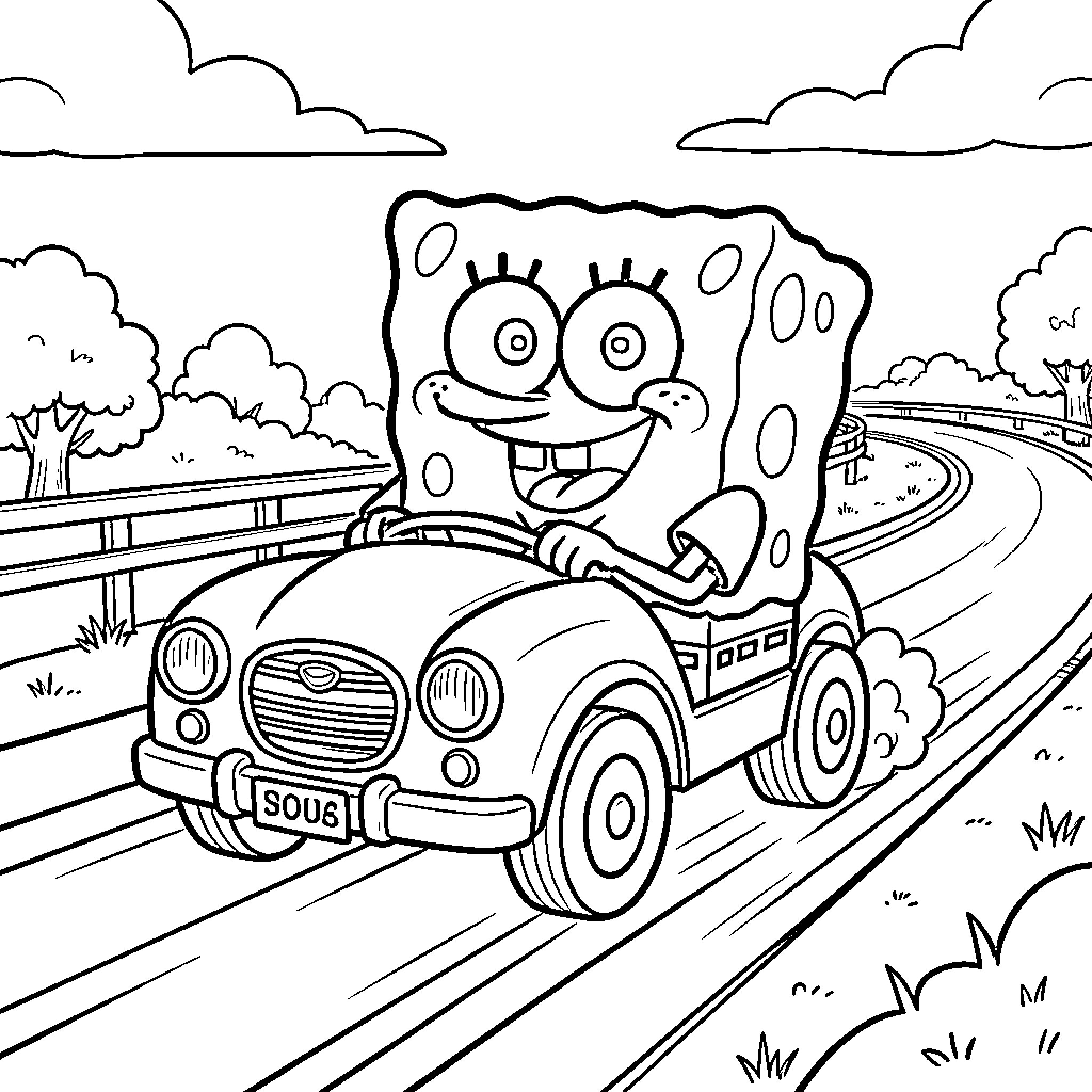 Spongebob driving a small car with a happy expression Coloring Page (free black-and-white line drawing printable PDF for all, from beginners to advanced learners, including children, teens, adults, and seniors)