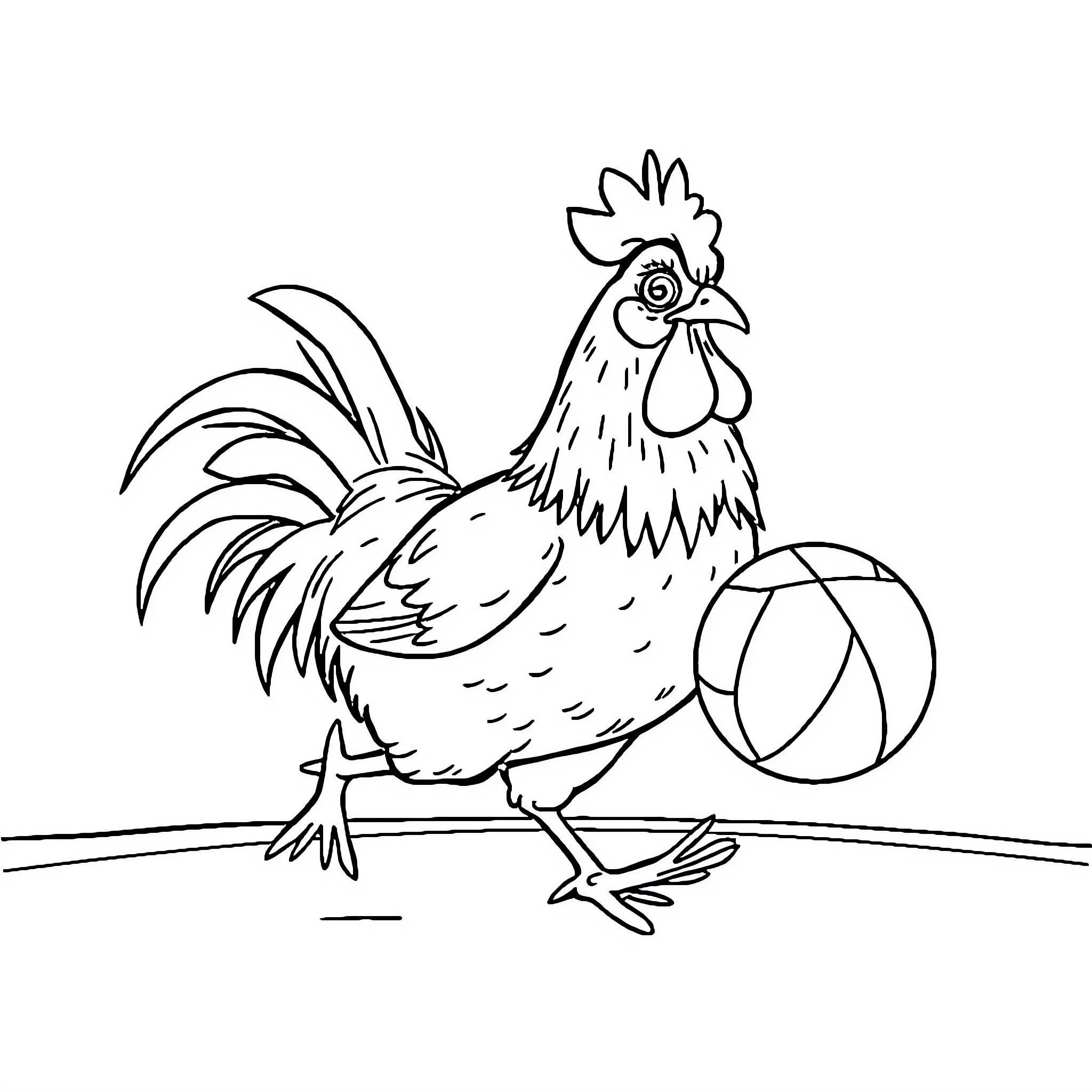 Chicken playing with a ball on a perch Coloring Page (free black-and-white line drawing printable PDF for all, from beginners to advanced learners, including children, teens, adults, and seniors)