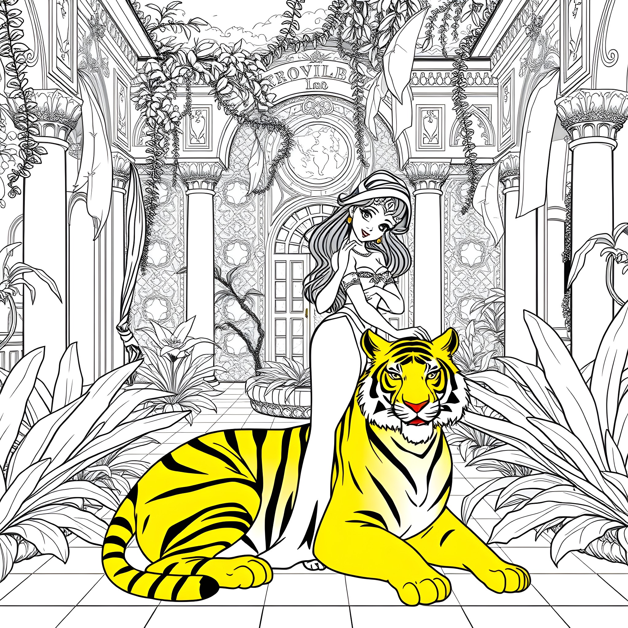 Jasmine posing with a majestic tiger in a lush, ornate palace Coloring Page (free black-and-white line drawing printable PDF for all, from beginners to advanced learners, including children, teens, adults, and seniors)