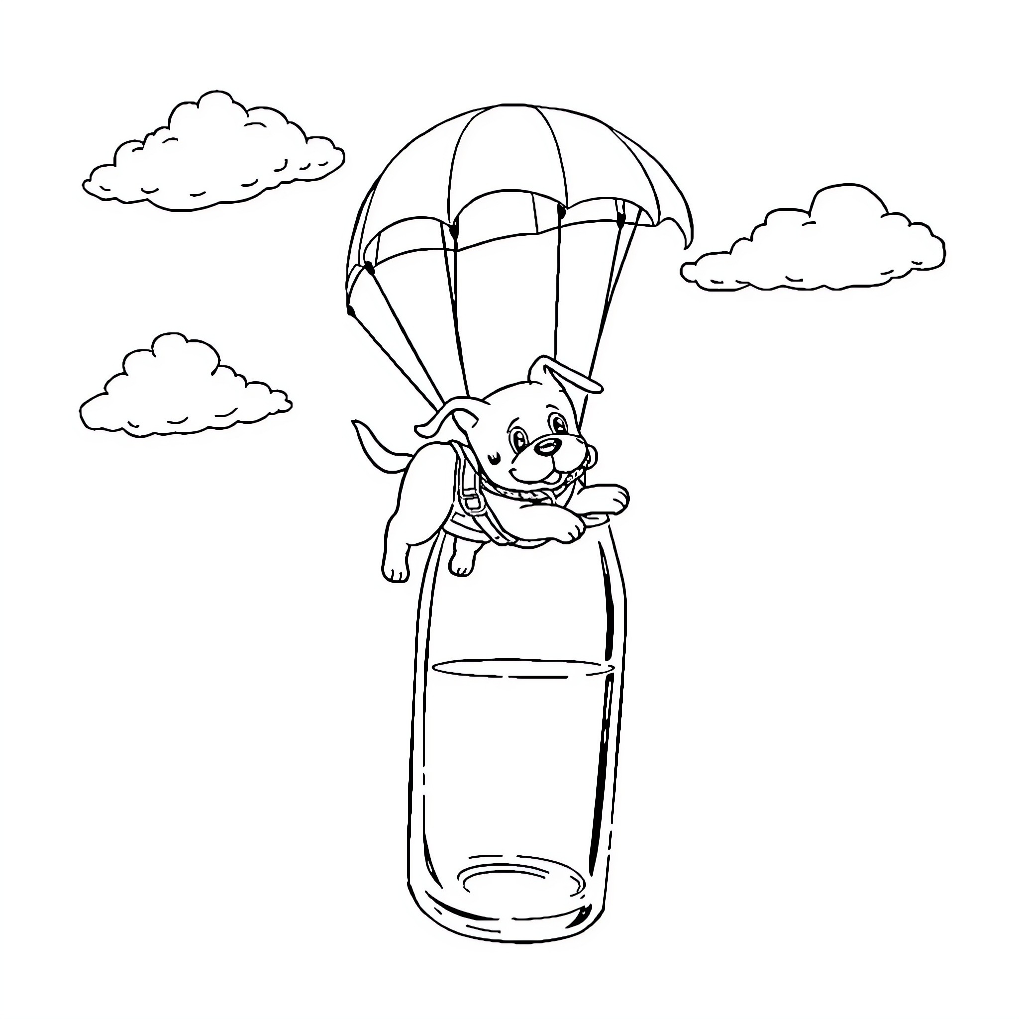 Dog parachuting in the sky with clouds Coloring Page (free black-and-white line drawing printable PDF for all, from beginners to advanced learners, including children, teens, adults, and seniors)
