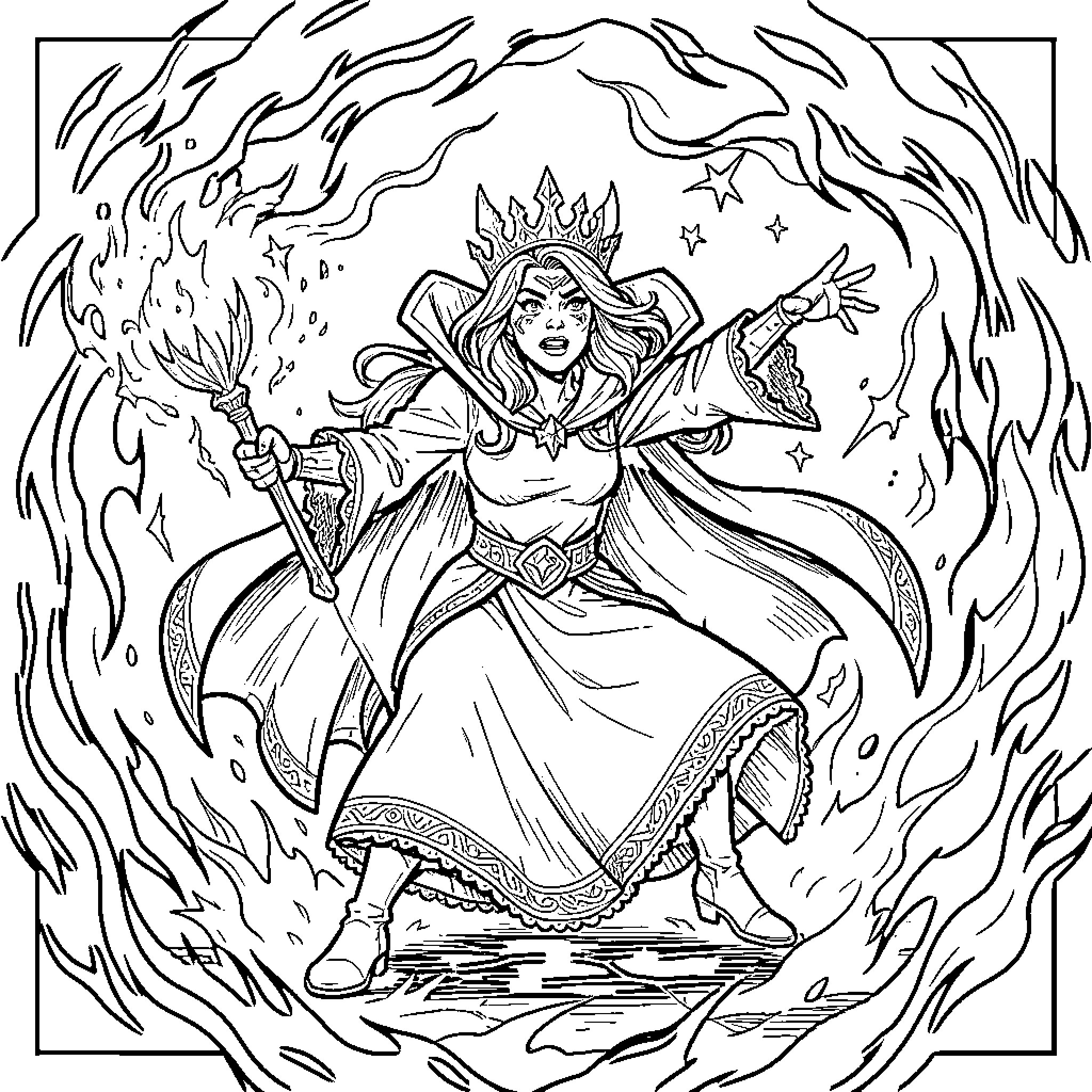 Reine queen wielding a magical flaming staff Coloring Page (free black-and-white line drawing printable PDF for all, from beginners to advanced learners, including children, teens, adults, and seniors)