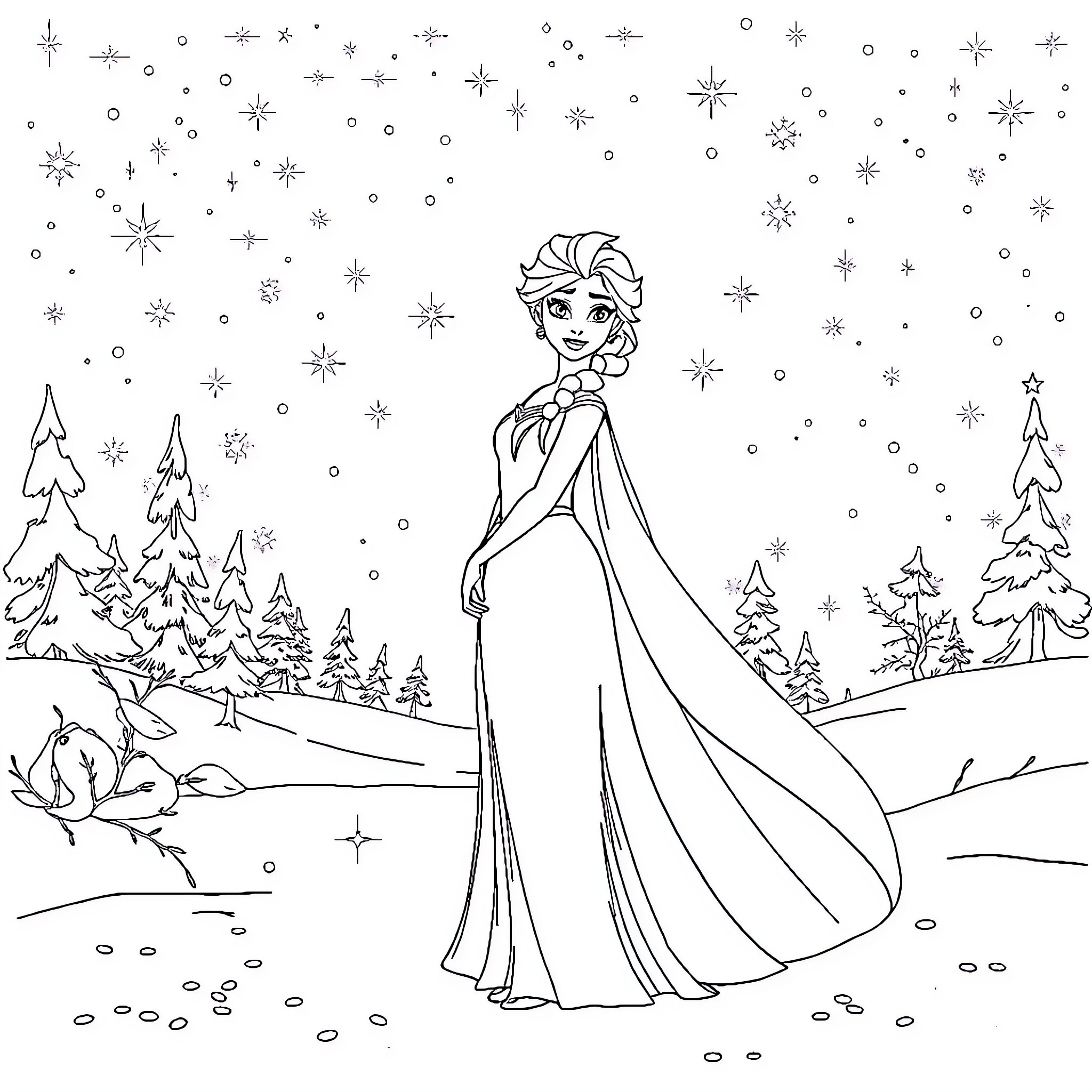 Elsa's Winter Wonderland Coloring Page (free black-and-white line drawing printable PDF for all, from beginners to advanced learners, including children, teens, adults, and seniors)