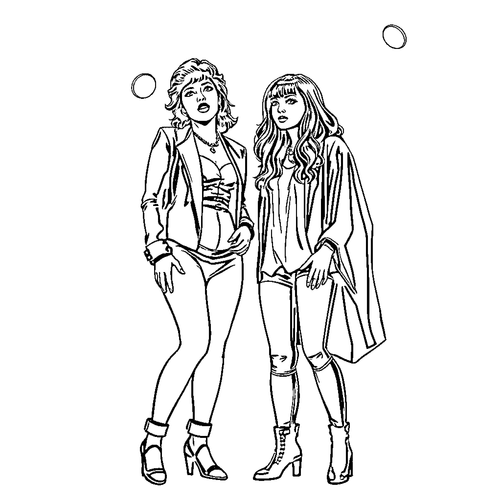 Amy Winehouse with a friend in stylish outfits Coloring Page (free black-and-white line drawing printable PDF for all, from beginners to advanced learners, including children, teens, adults, and seniors)