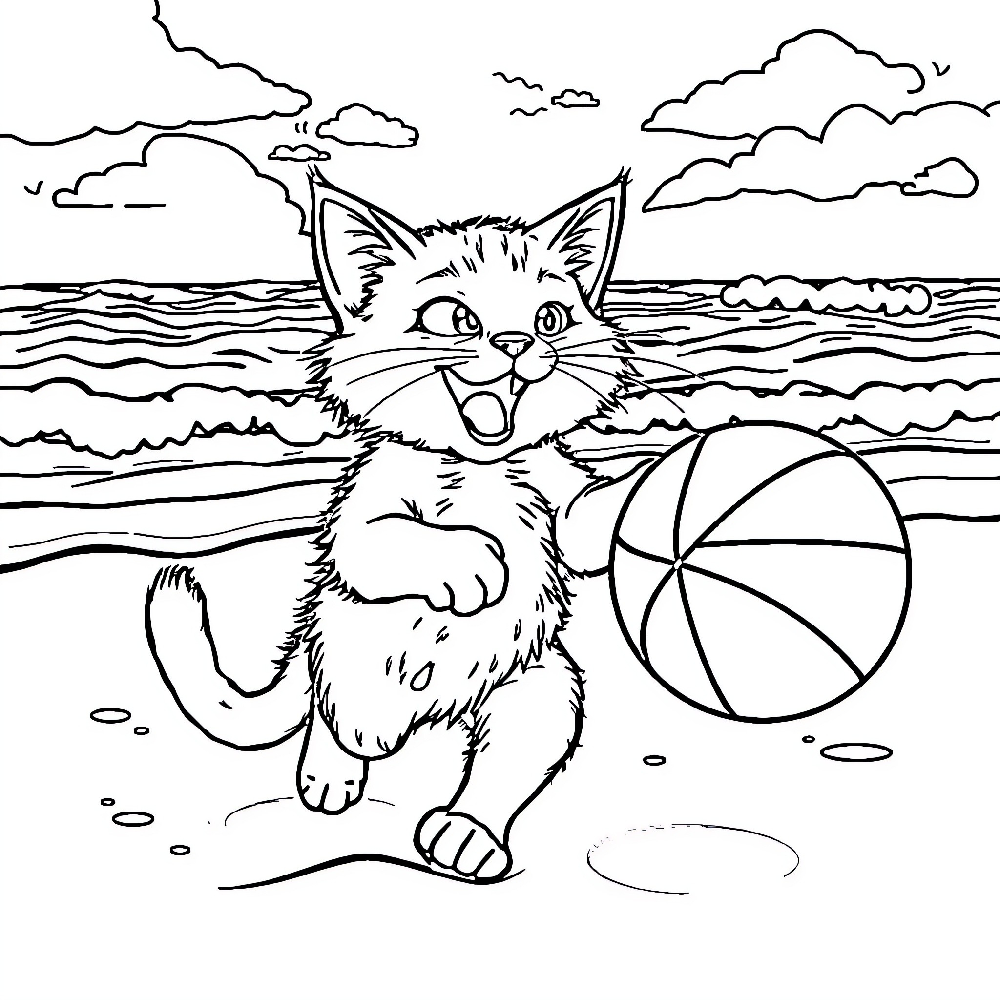 Cat playing on the beach Coloring Page (free black-and-white line drawing printable PDF for all, from beginners to advanced learners, including children, teens, adults, and seniors)