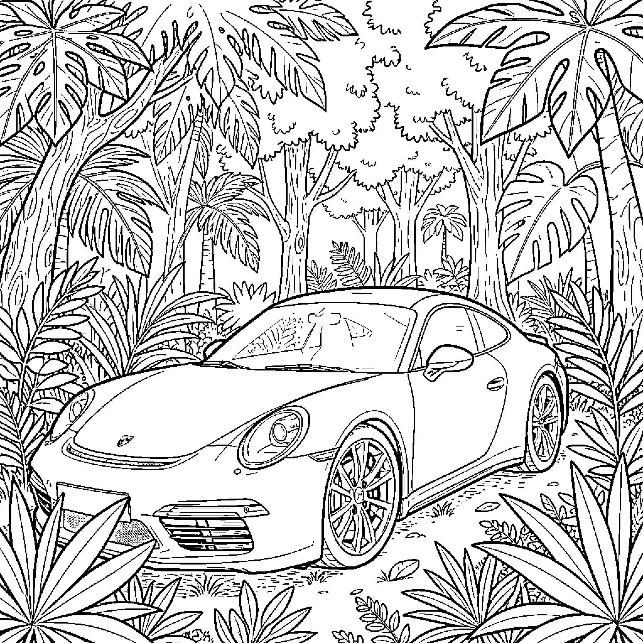 Porsche parked amidst lush tropical jungle foliage Coloring Page (free black-and-white line drawing printable PDF for all, from beginners to advanced learners, including children, teens, adults, and seniors)