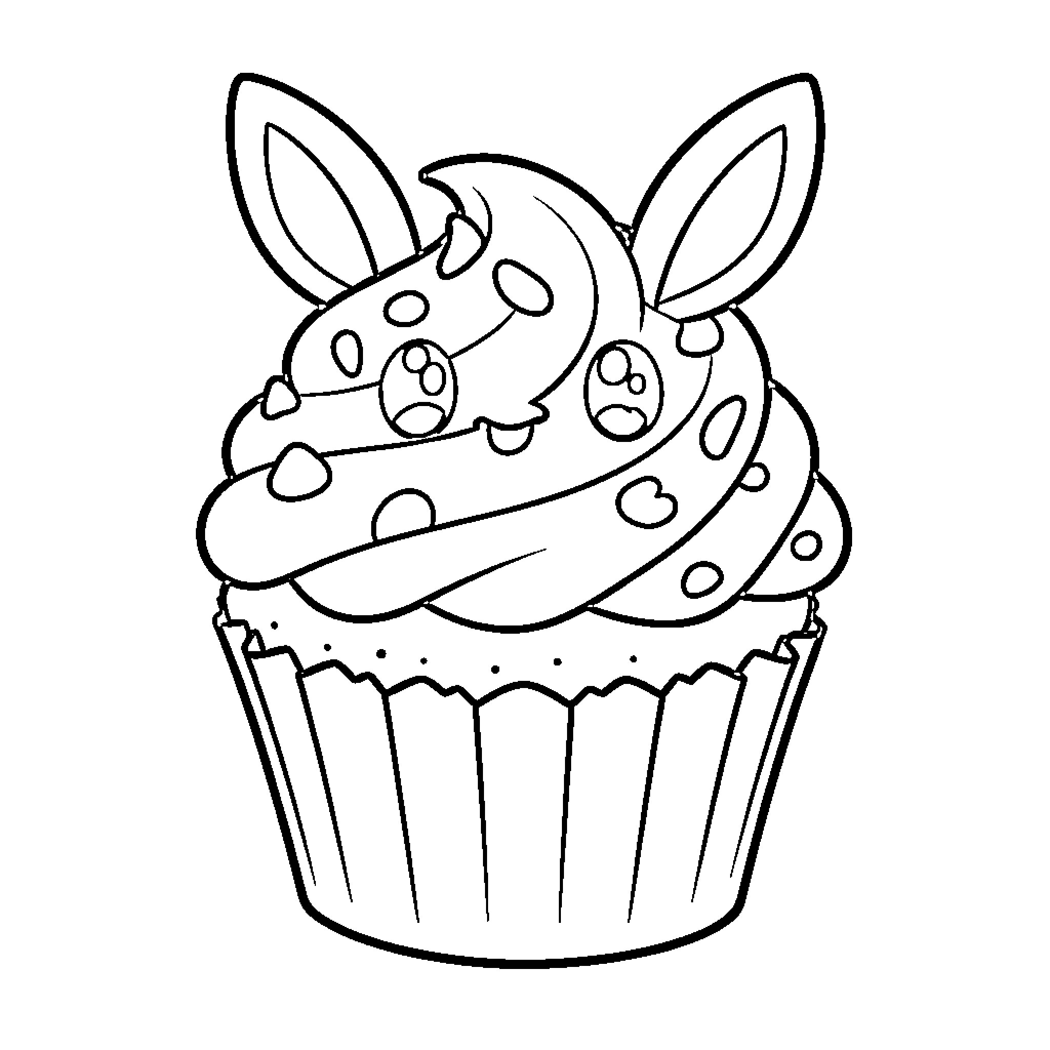 Evoli-themed cupcake with adorable decorations Coloring Page (free black-and-white line drawing printable PDF for all, from beginners to advanced learners, including children, teens, adults, and seniors)