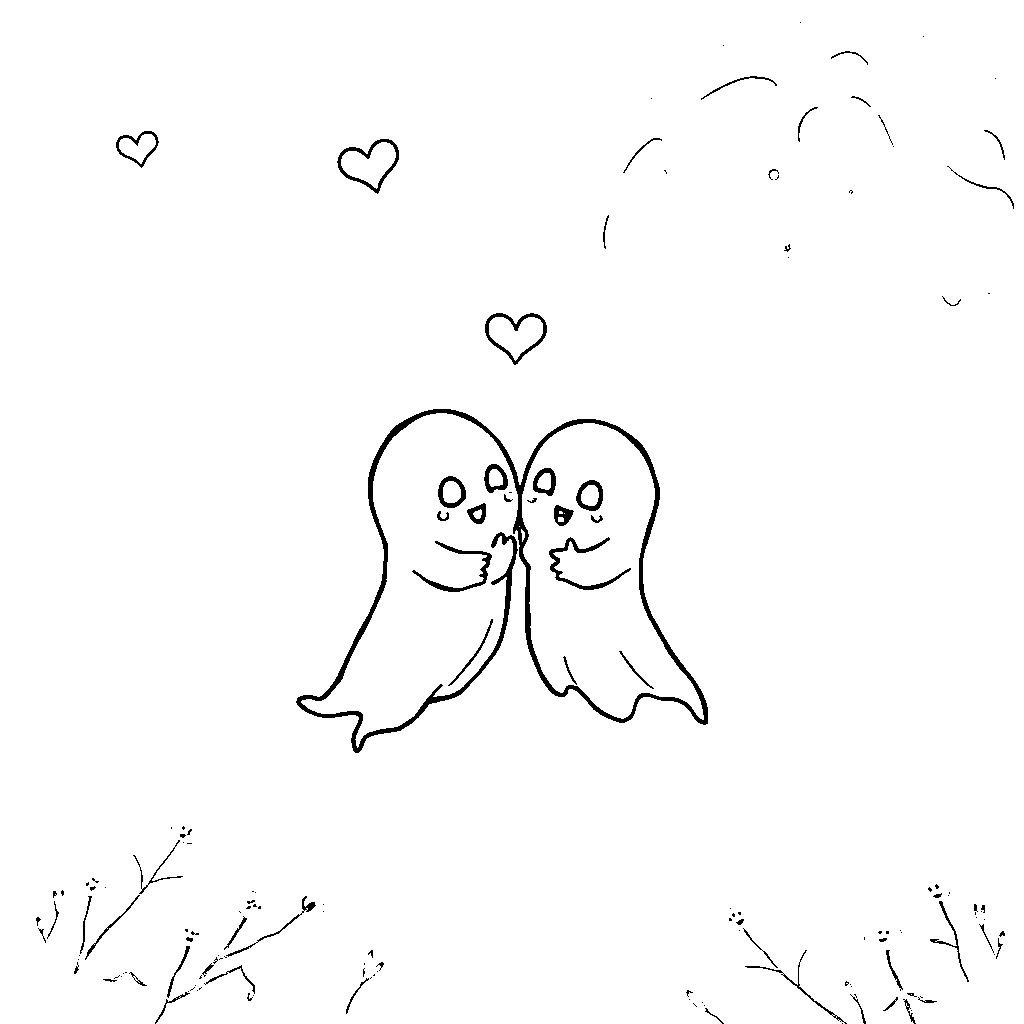 Ghost-like figures expressing love in the moonlight Coloring Page (free black-and-white line drawing printable PDF for all, from beginners to advanced learners, including children, teens, adults, and seniors)