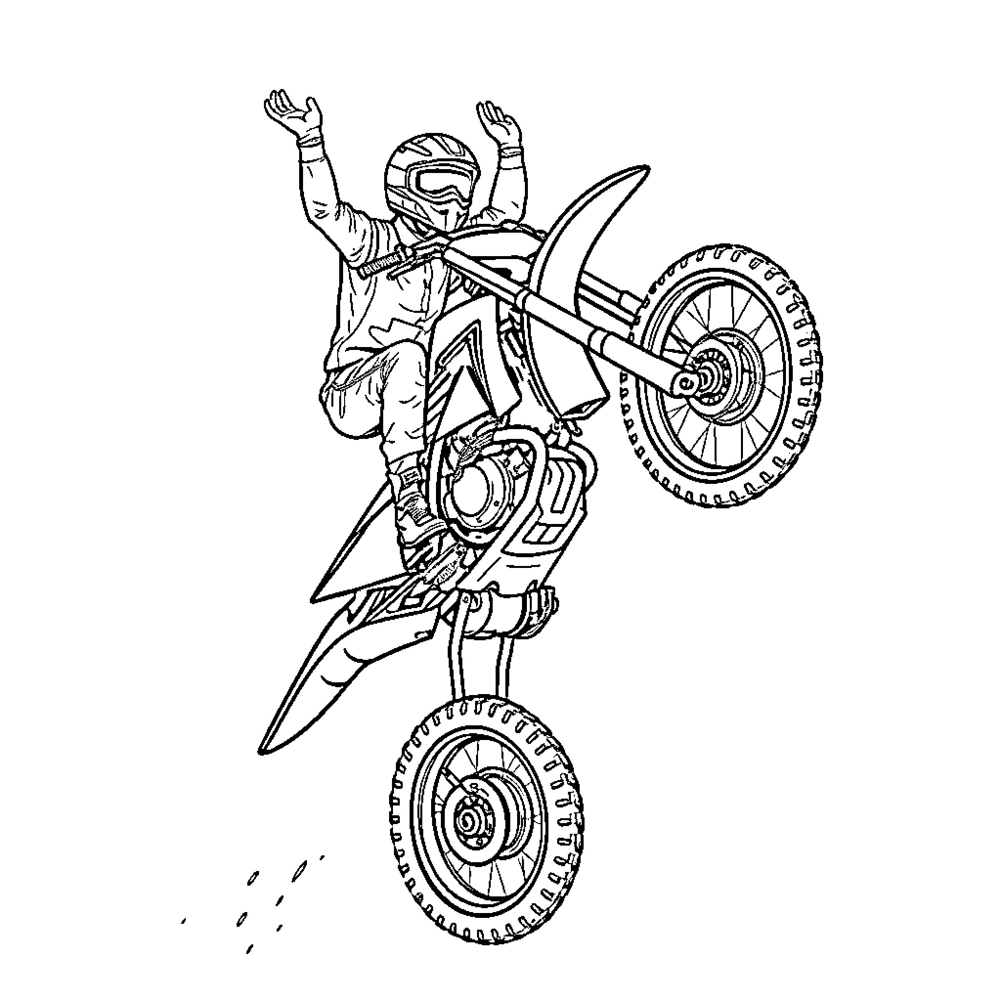 Motorbike stunt performer in mid-air jump Coloring Page (free black-and-white line drawing printable PDF for all, from beginners to advanced learners, including children, teens, adults, and seniors)