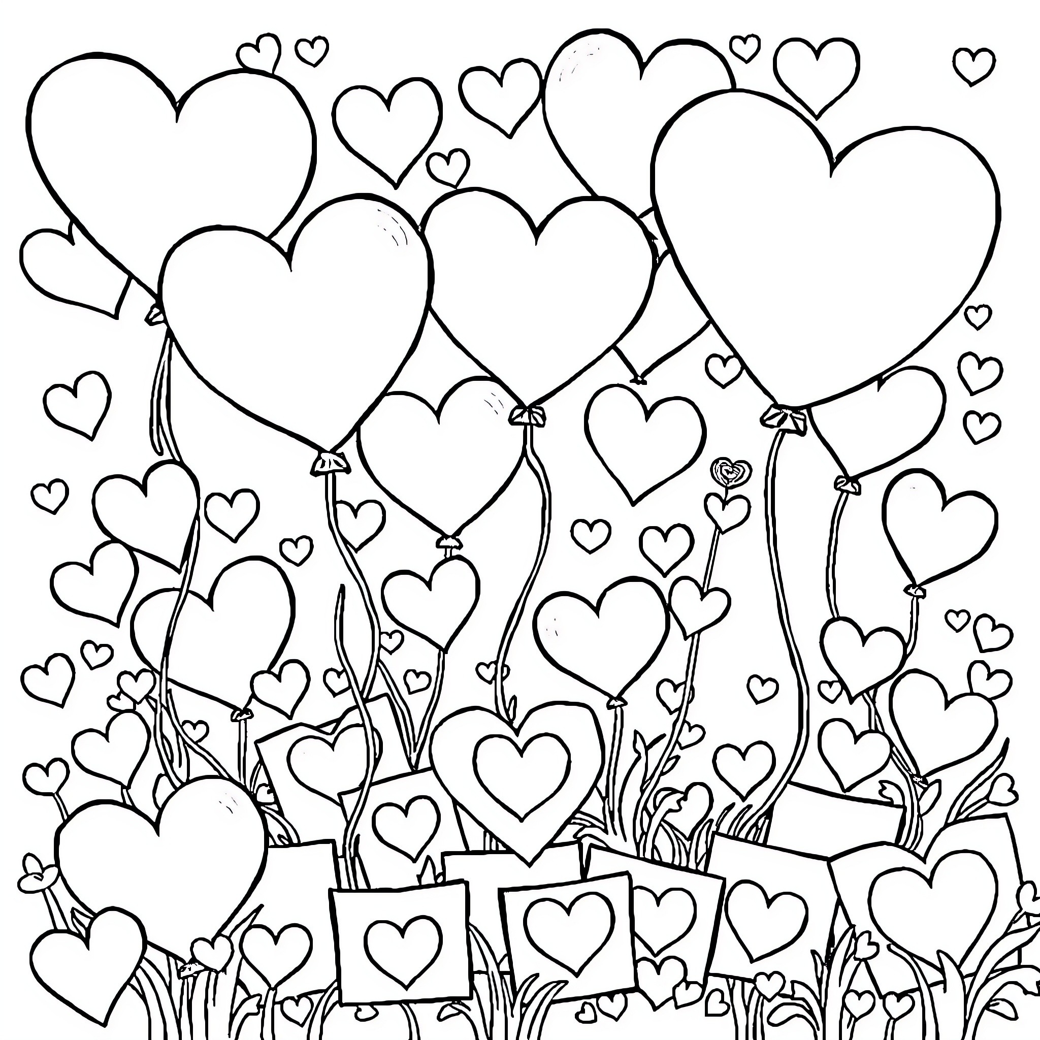 Valentine's Day Hearts and Balloons Coloring Page (free black-and-white line drawing printable PDF for all, from beginners to advanced learners, including children, teens, adults, and seniors)