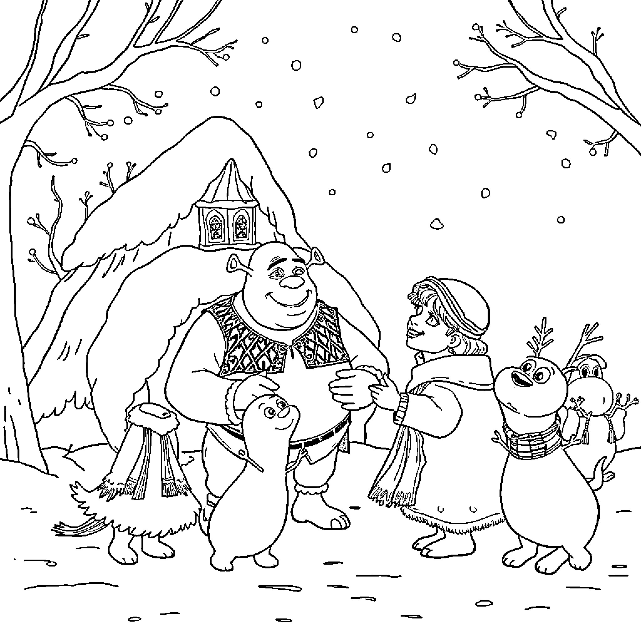 Shrek and friends enjoying a winter wonderland Coloring Page (free black-and-white line drawing printable PDF for all, from beginners to advanced learners, including children, teens, adults, and seniors)