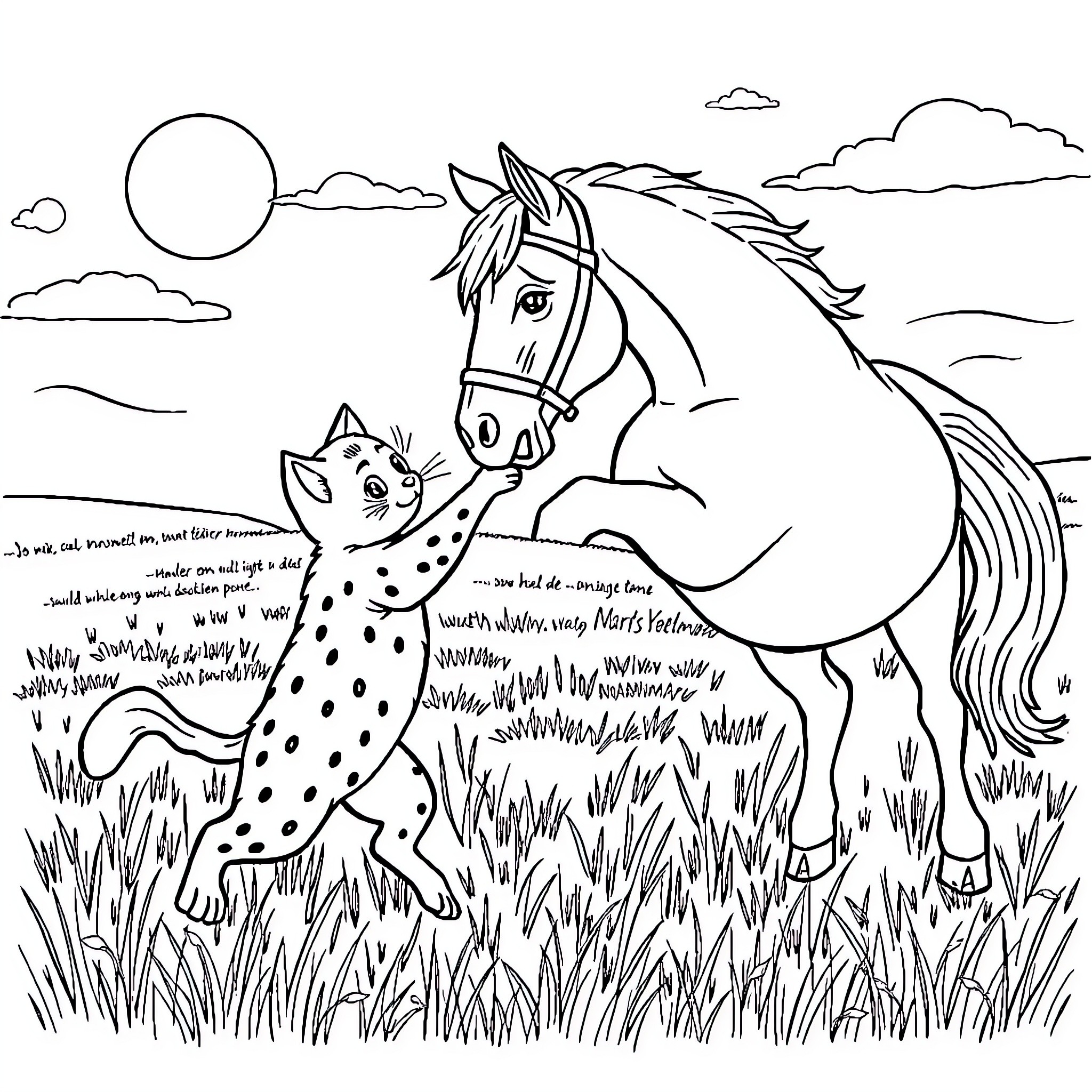 Cat and Horse Exploring the Countryside Coloring Page (free black-and-white line drawing printable PDF for all, from beginners to advanced learners, including children, teens, adults, and seniors)