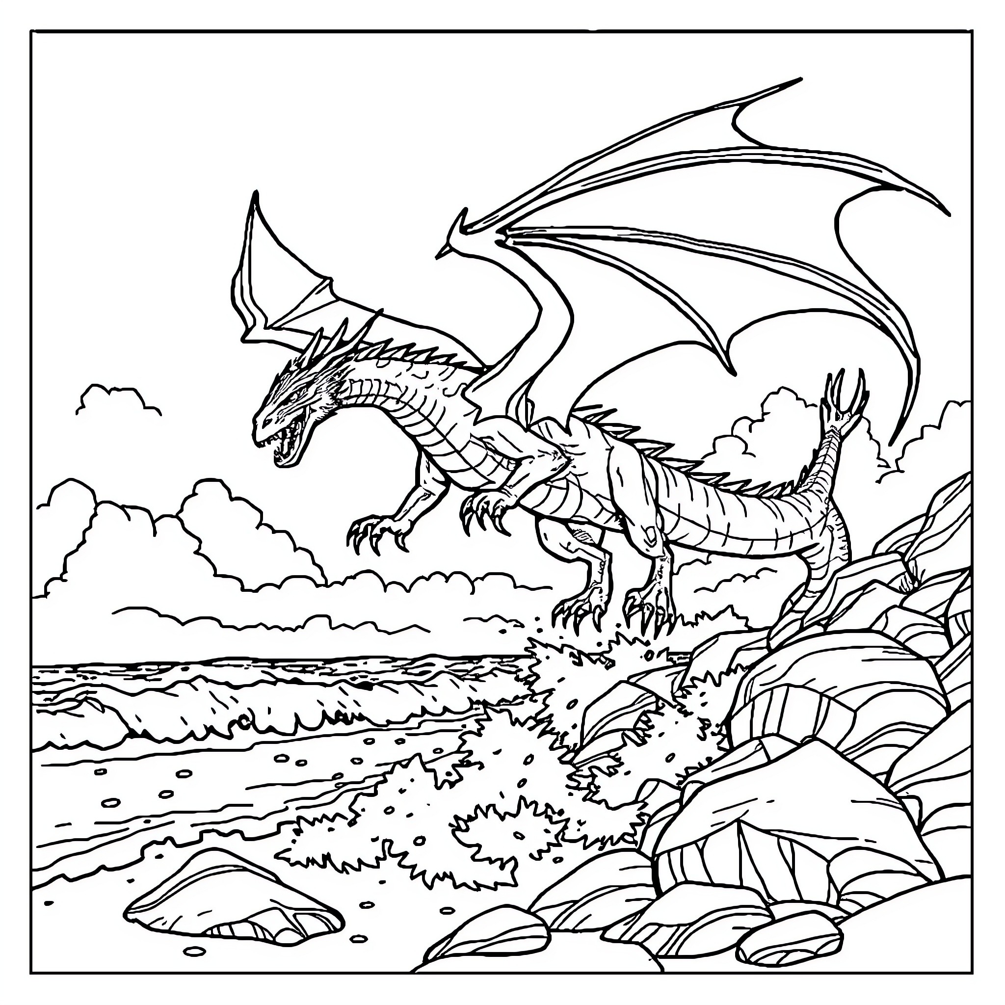 Dragon soaring over rocky coastline Coloring Page (free black-and-white line drawing printable PDF for all, from beginners to advanced learners, including children, teens, adults, and seniors)