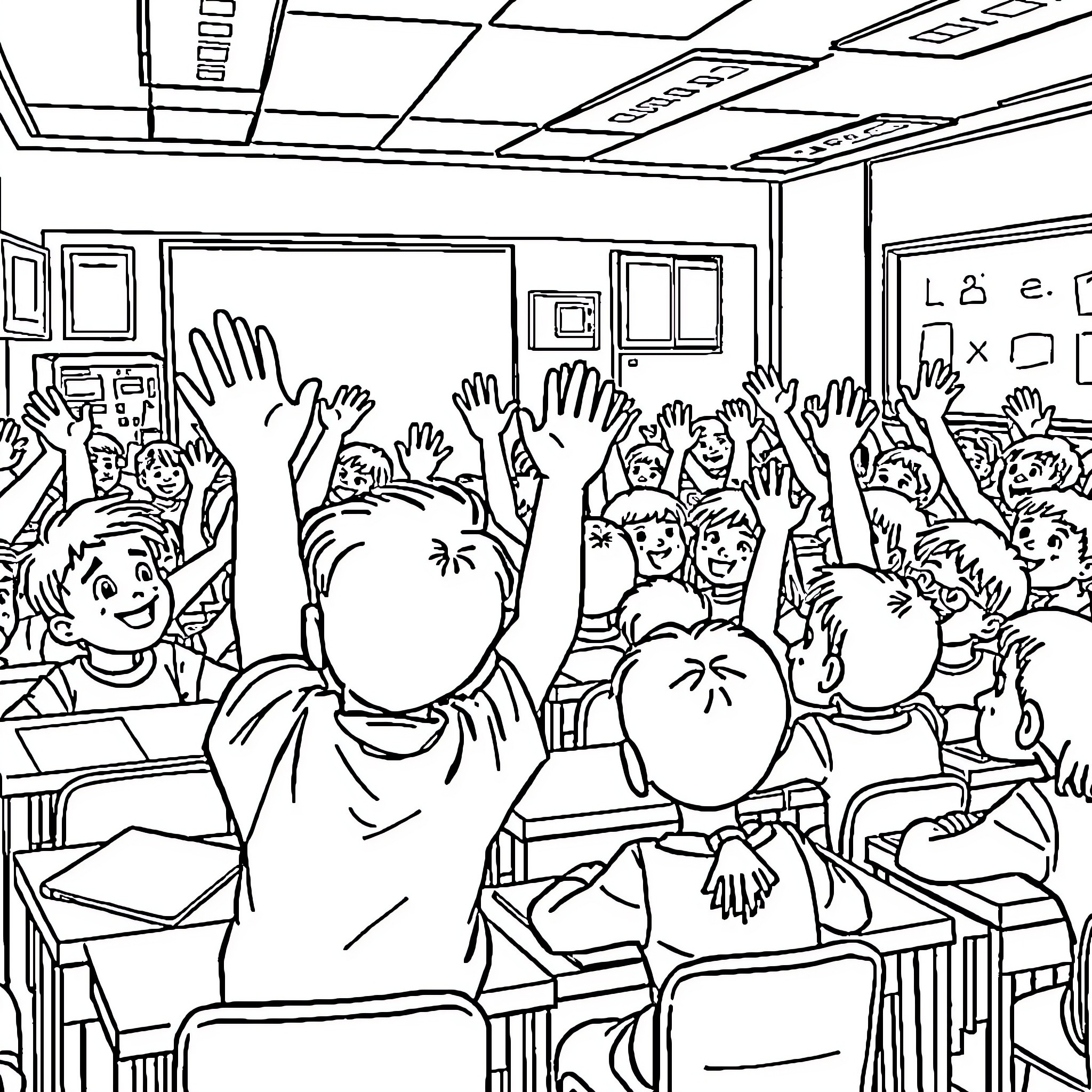 Kid Raising Hands in Classroom with Other Students Coloring Page (free black-and-white line drawing printable PDF for all, from beginners to advanced learners, including children, teens, adults, and seniors)
