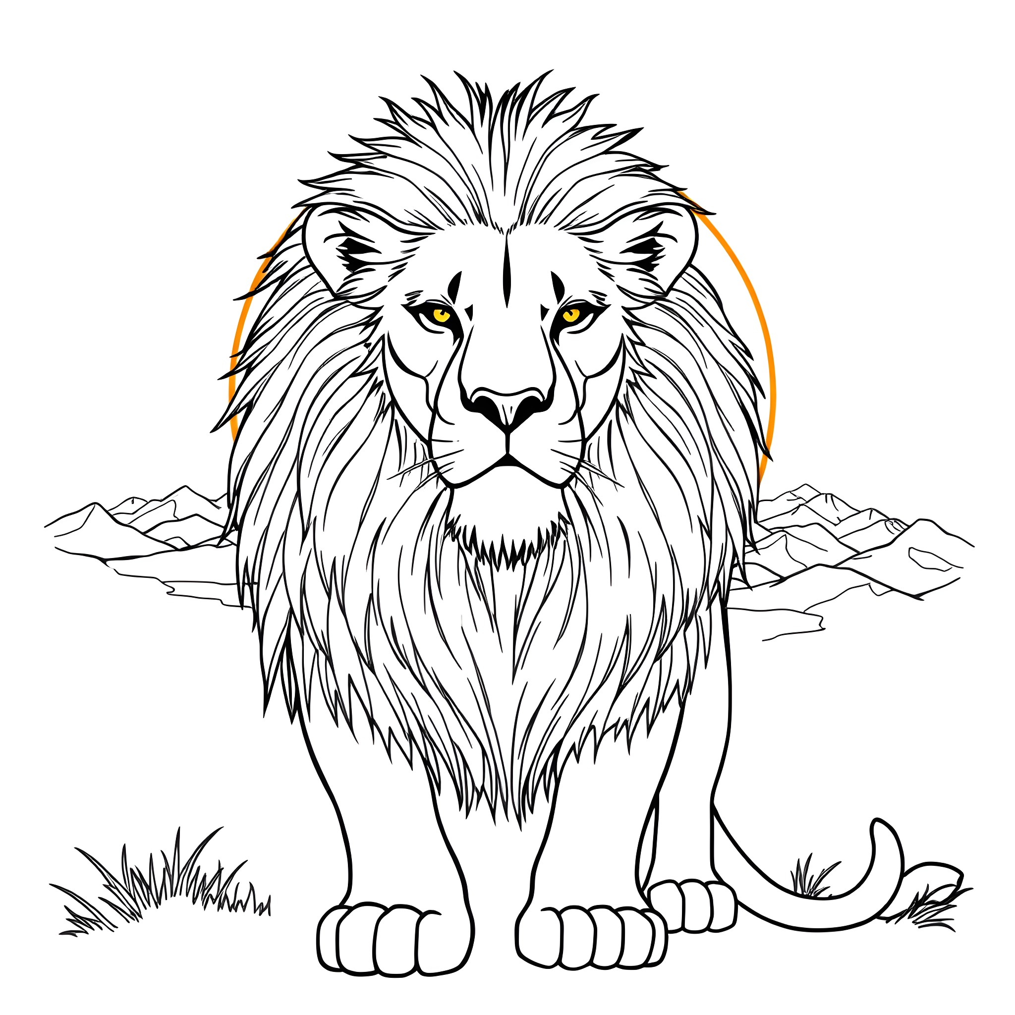 Lion Guarding the Mountainous Landscape Coloring Page (free black-and-white line drawing printable PDF for all, from beginners to advanced learners, including children, teens, adults, and seniors)
