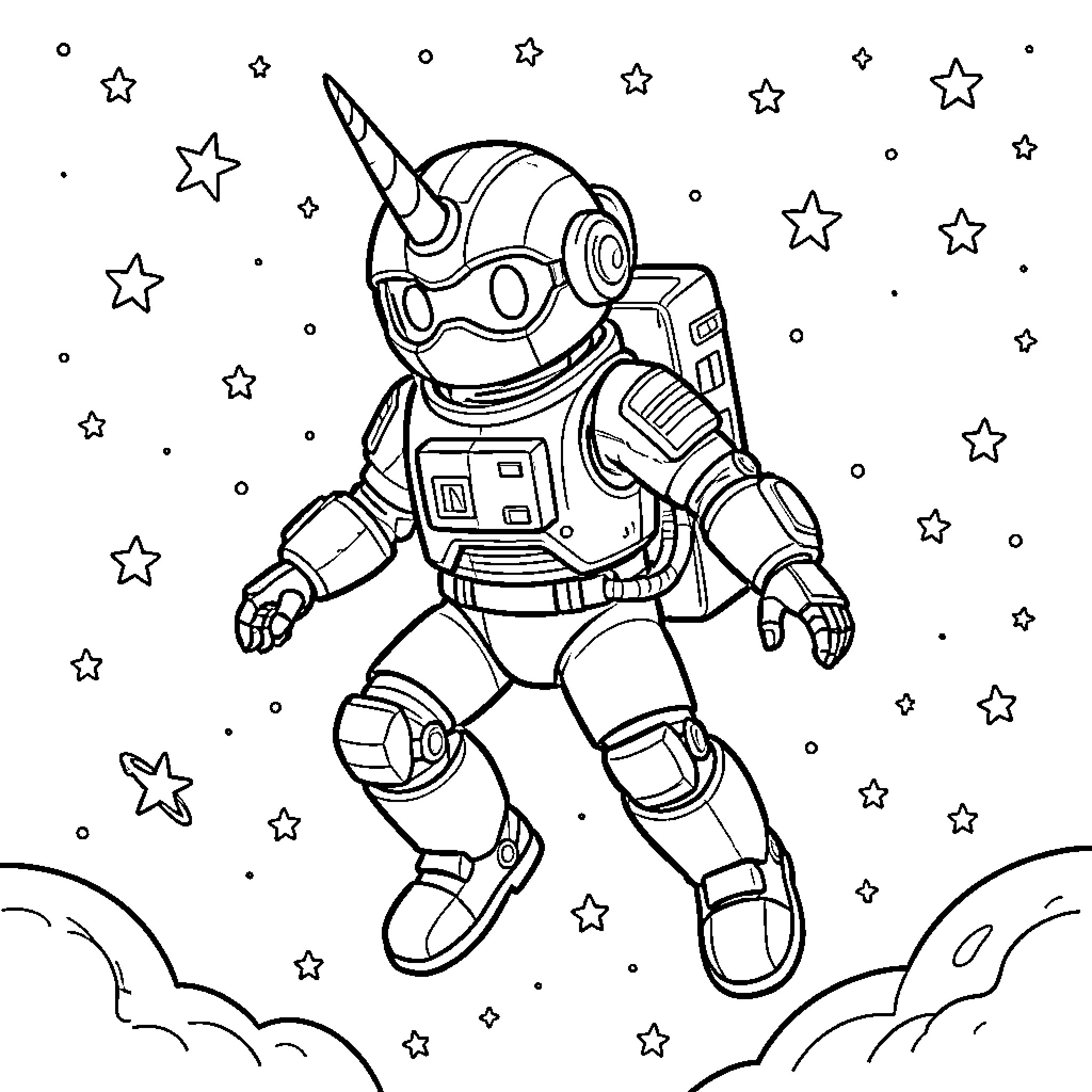 Robot Unicorn floating among stars in outer space Coloring Page (free black-and-white line drawing printable PDF for all, from beginners to advanced learners, including children, teens, adults, and seniors)