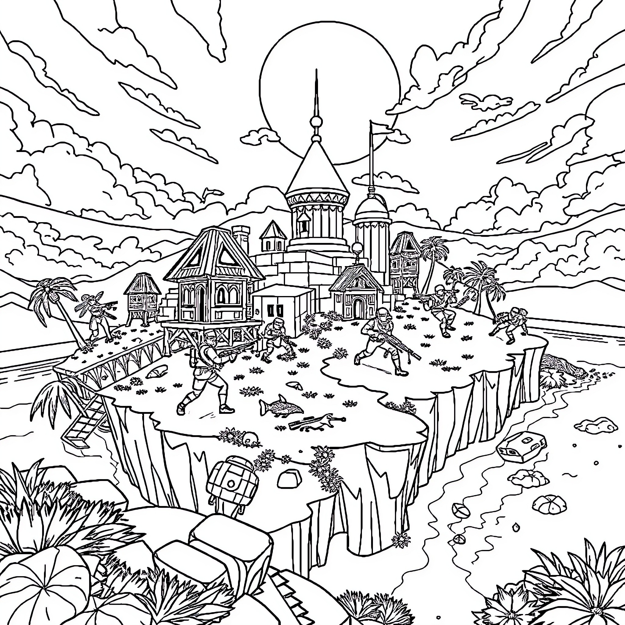 Fortnite characters exploring a fantastical island landscape Coloring Page (free black-and-white line drawing printable PDF for all, from beginners to advanced learners, including children, teens, adults, and seniors)