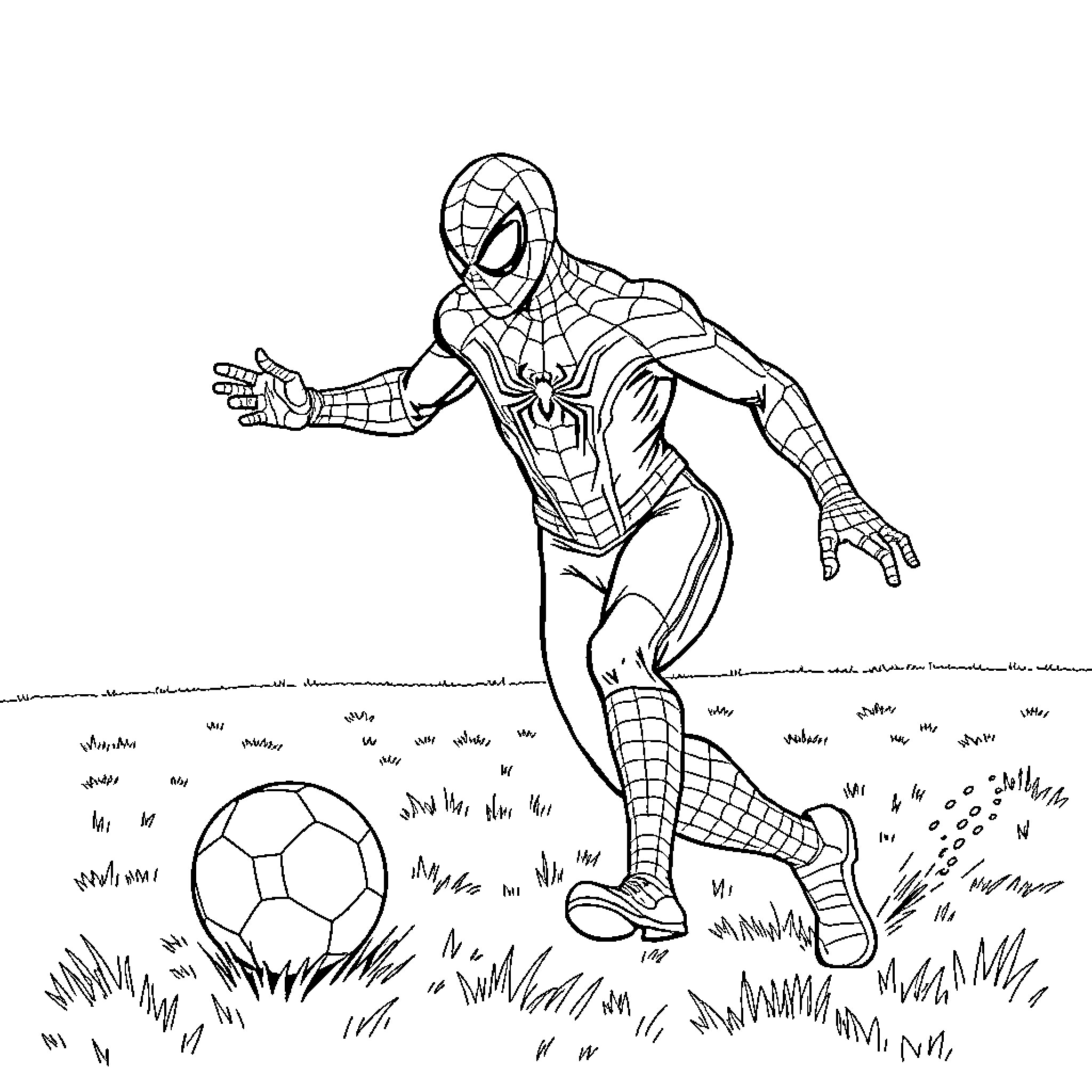 Spiderman playing soccer in a field Coloring Page (free black-and-white line drawing printable PDF for all, from beginners to advanced learners, including children, teens, adults, and seniors)