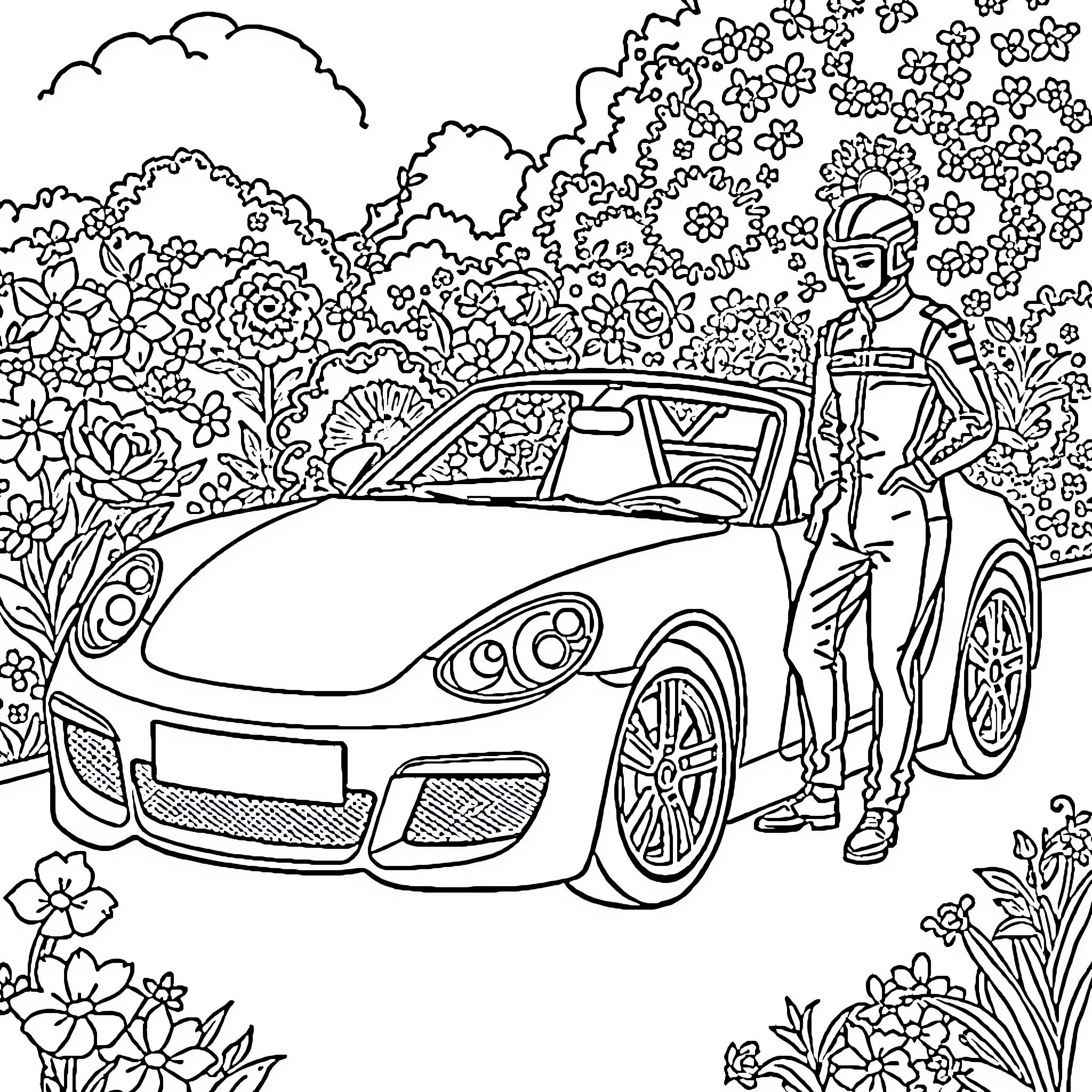 Car and Driver in Floral Garden Coloring Page (free black-and-white line drawing printable PDF for all, from beginners to advanced learners, including children, teens, adults, and seniors)