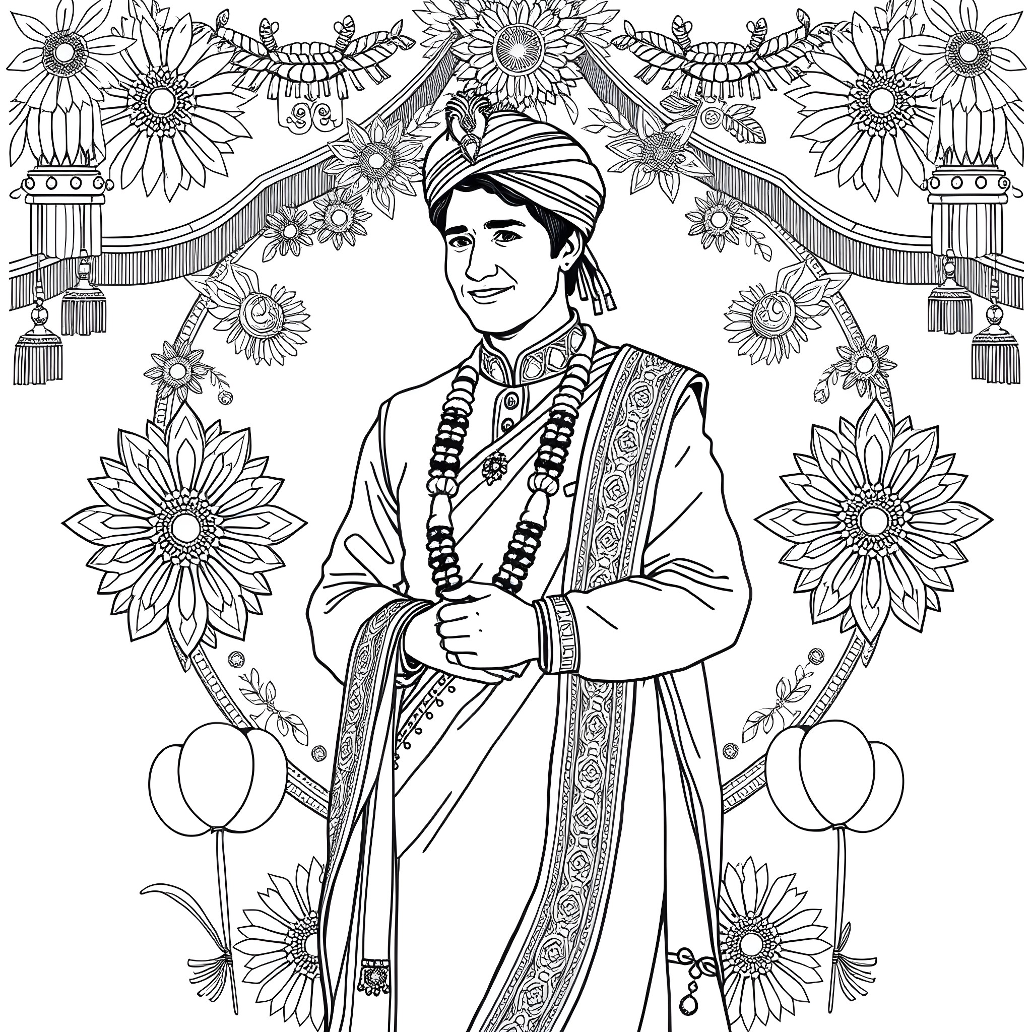 Justin Trudeau in Ceremonial Traditional Attire Coloring Page (free black-and-white line drawing printable PDF for all, from beginners to advanced learners, including children, teens, adults, and seniors)